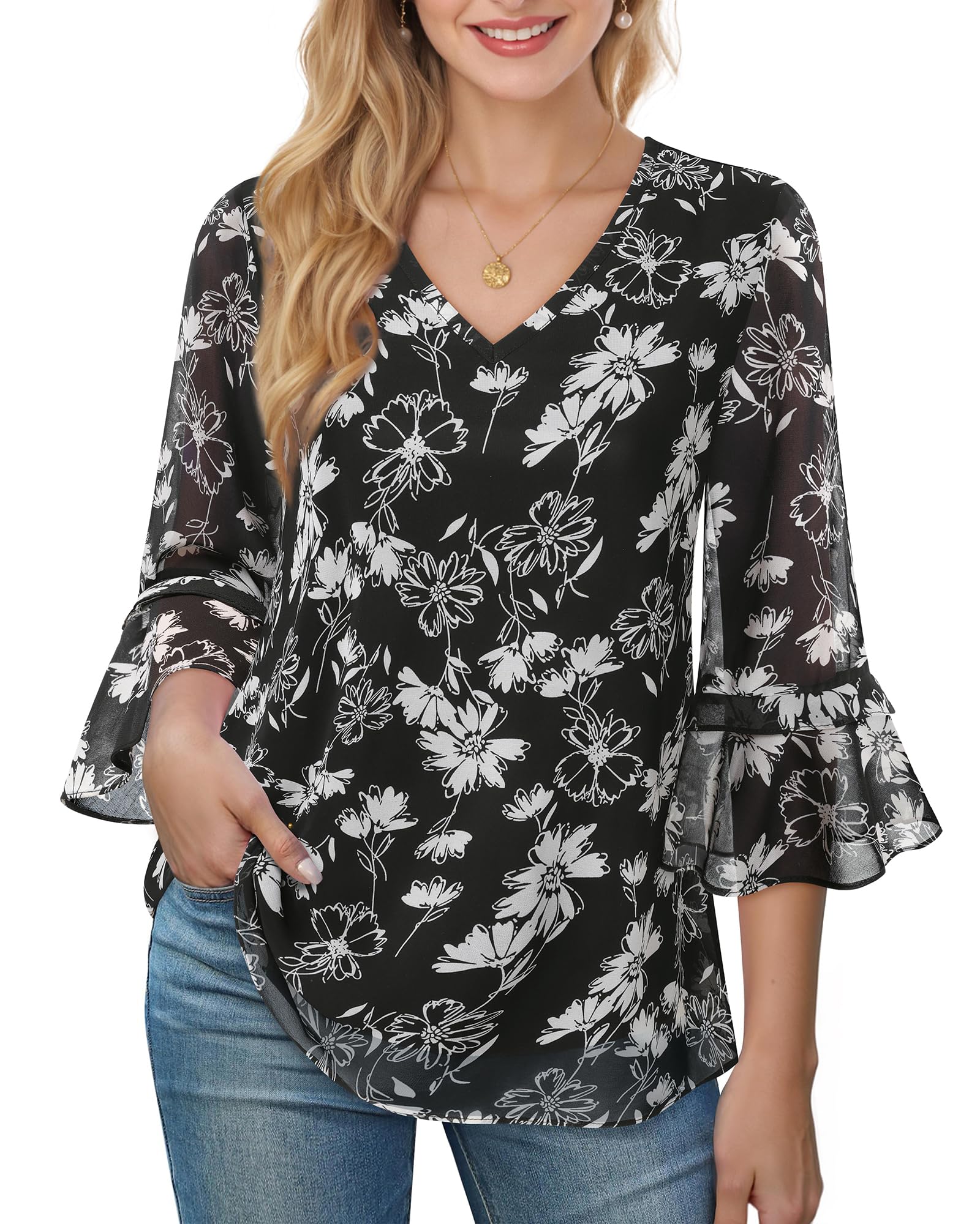 Bebonnie Camicette da donna eleganti e casual, con maniche a 3/4, scollo a V, in chiffon