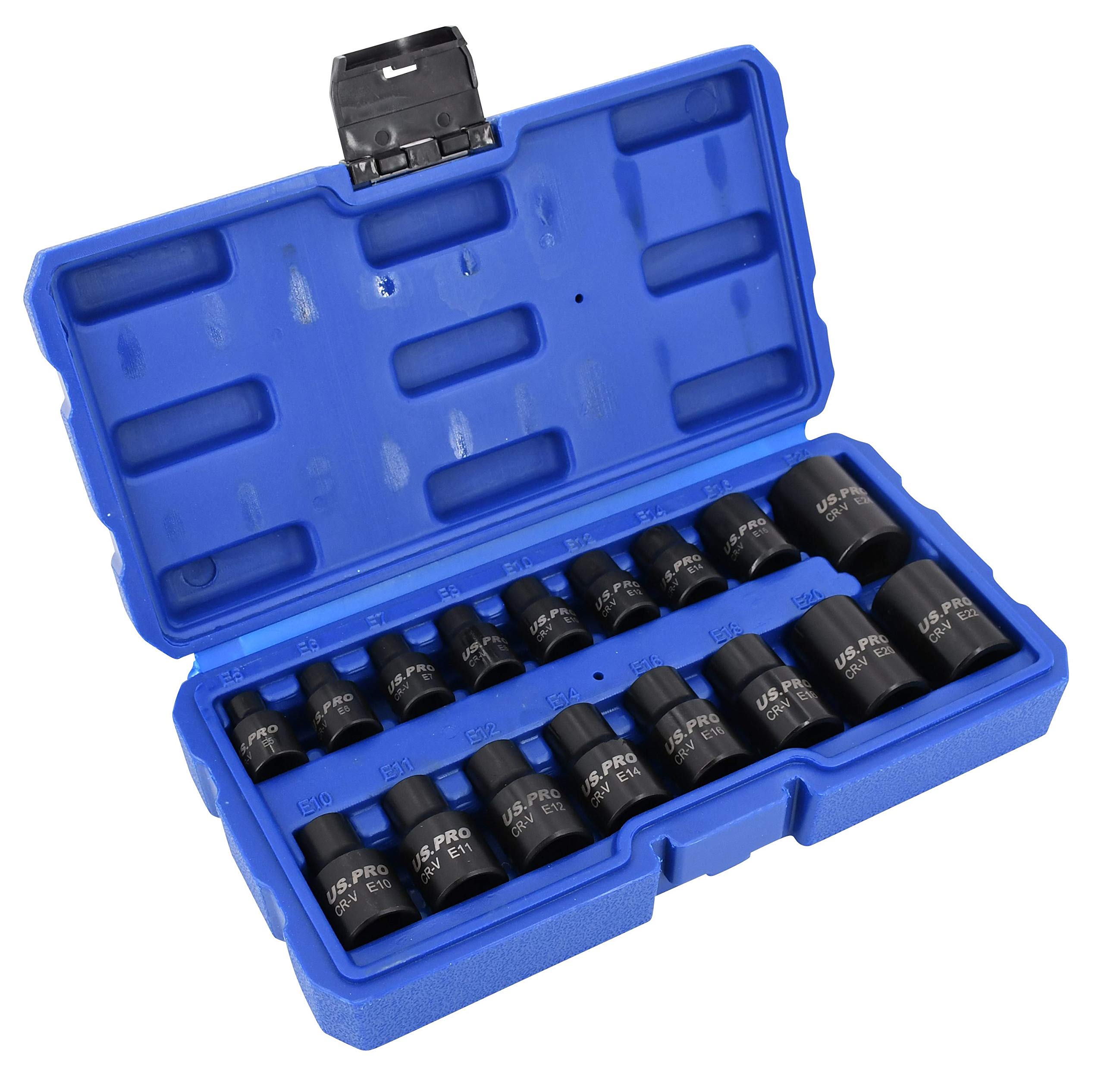 US Pro Impact E Torx Star - Juego de 17 llaves de vaso hembra E5 a E24 de 3/8 y 1/2 pulgadas