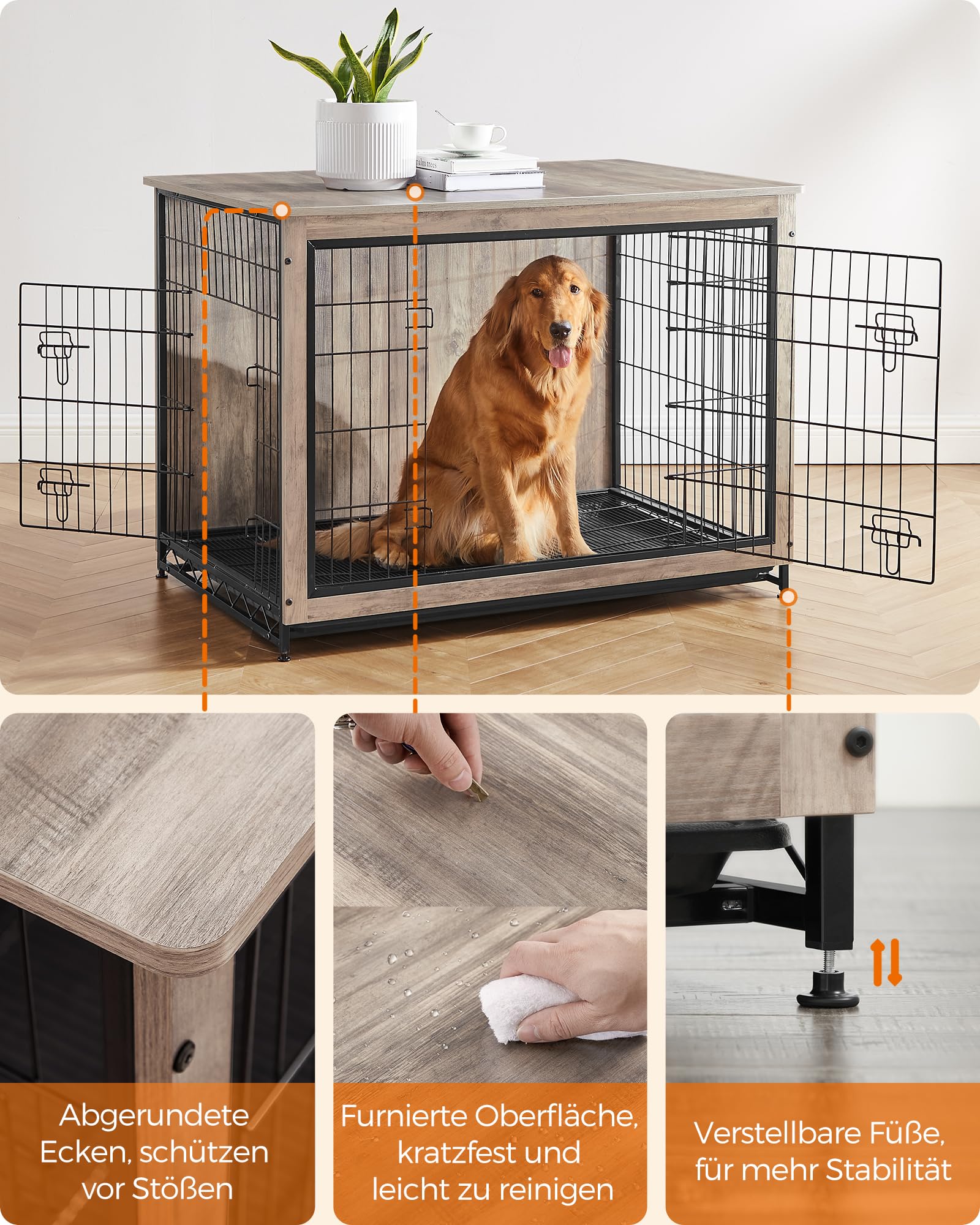 Feandrea Hundekäfig Möbel, Beistelltisch, Hundebox, Moderne Hundehütte Indoor für Hunde bis zu 36 kg, hochbelastbar, Hundehaus für Zuhause, herausnehmbares Tablett, 2 Türen, Greige PFC004G01