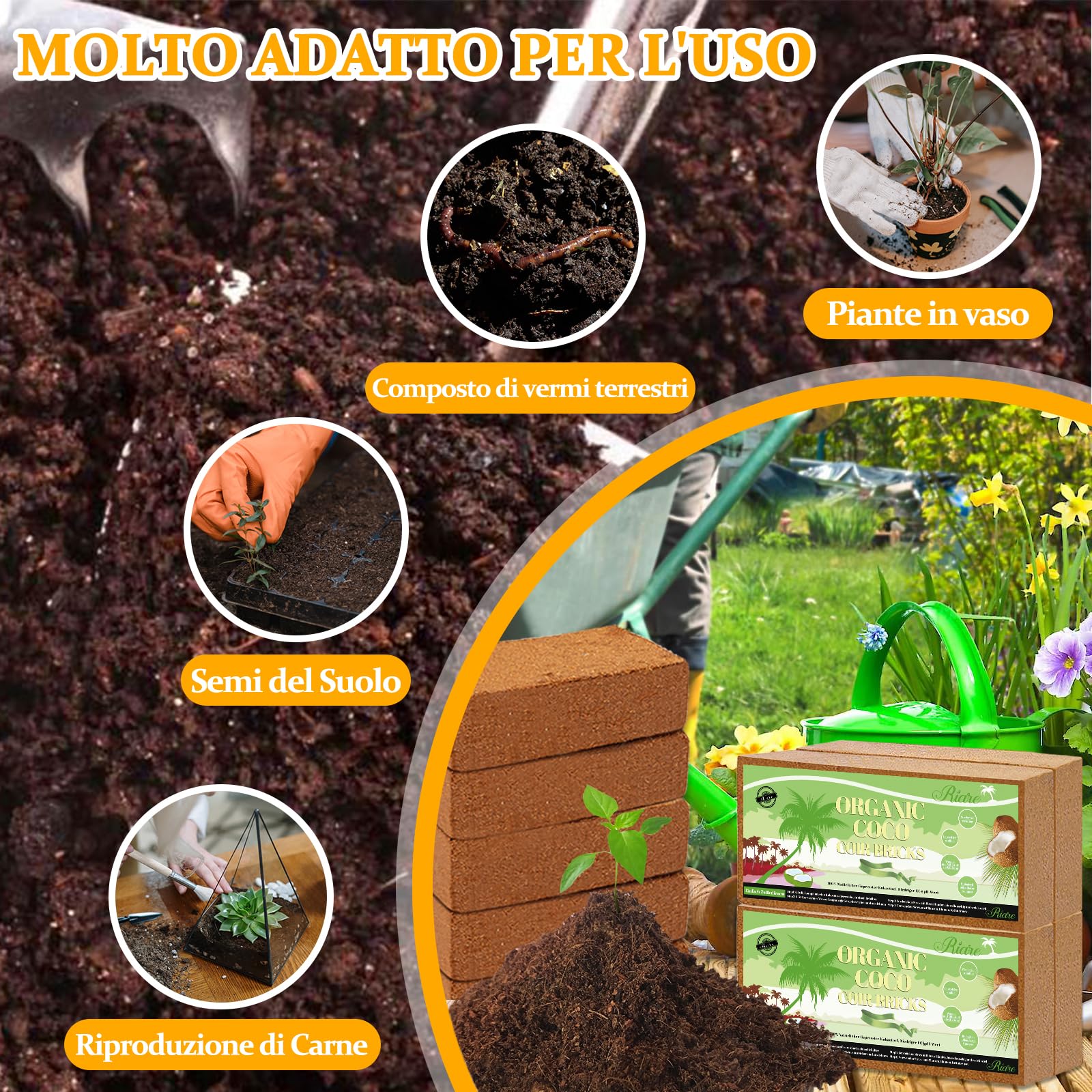 Riare 2 x 650 g di mattoni di cocco organici, 100% naturale, 16 l, substrato in fibra di cocco ad alta espansione, nocciolo di cocco per giardino (2)