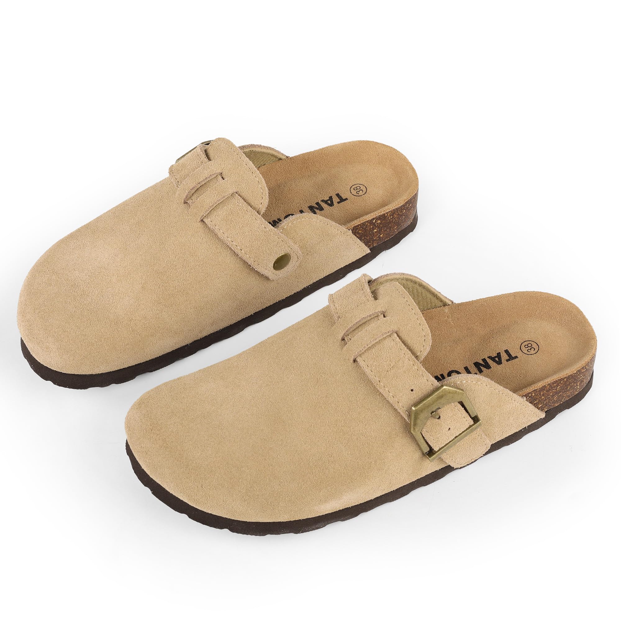 TANTOMI Damen Hausschuhe, Wildleder Unisex Clogs, Rutschfeste Hausschuhe Damen Herren leder mit Fußgewölbeunterstützung, Gartenschuhe Pantoletten Damen mit Weiches Kork Fußbett, Gr.36-42 EU