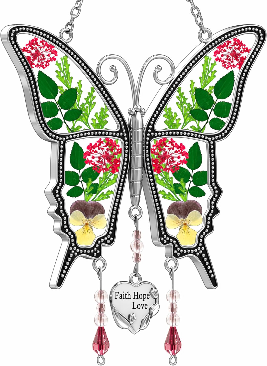 KY&BOSAM Butterfly Suncatcher FHL Stained Glass for Windows Hangings Wind Chimes with Pressed Flower and Metal Heart Charm Gift for Mom from Mothers Day Birthday Valentines Day Christmas