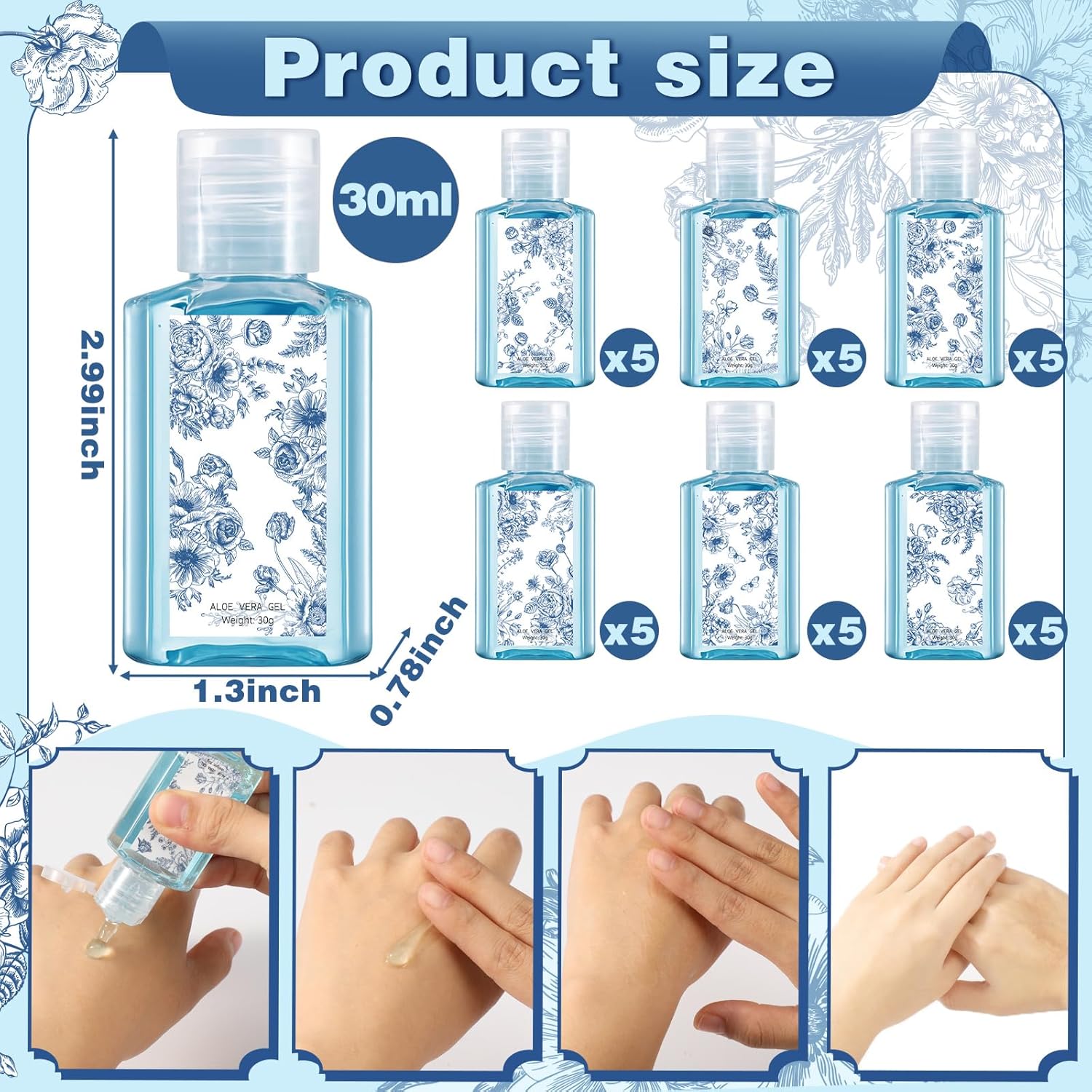 Demissle 30 Pcs Thank You Baby Shower Favors Travel Size Aloe Gel Mini Gift for Guest Gender Reveal Souvenir Birthday Party Supplies(Blue,Blue and White Flower)