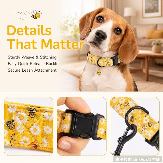 Soft Adjustable Dog Collar,Dog Collar with Colorful Flowers Printed (Yellow Bee, M(Neck 32-55cm,Width 2cm))