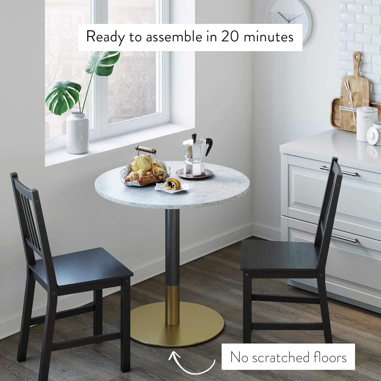 Nathan James Lucy Small Mid-Century Modern Kitchen or Dining Table with Faux Carrara Marble Top and Brushed Metal Pedestal Base, Black/Gold - Tables