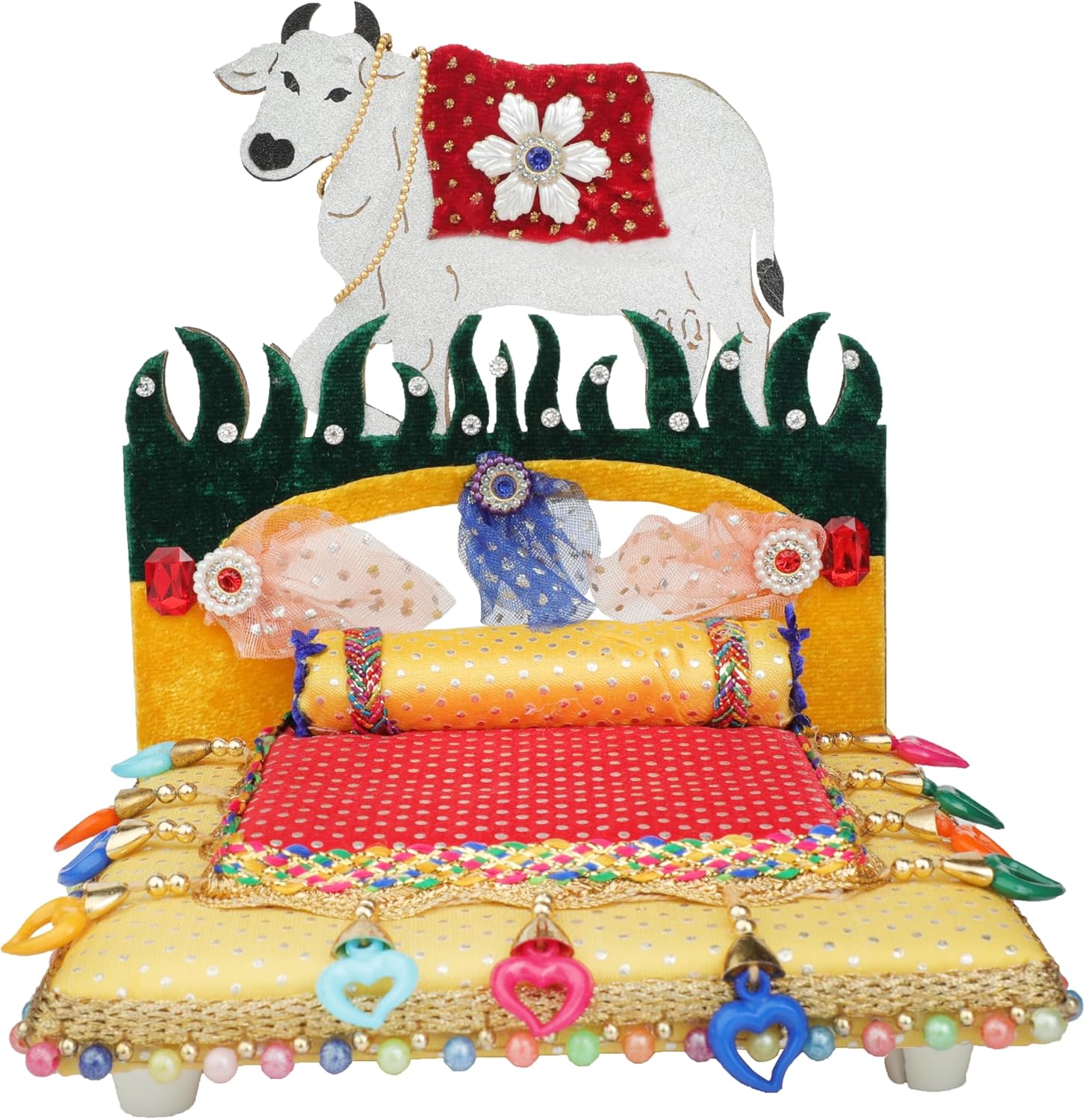 Decorative Laddu Gopal Singhasan Foldable Mor pankh Design for Bal gopal Ji Velvet Mattress Cushion Gadda Dress Asan Set Indian Traditional Holi Festival Decorations(Size:-6"X7")(Multicolour)