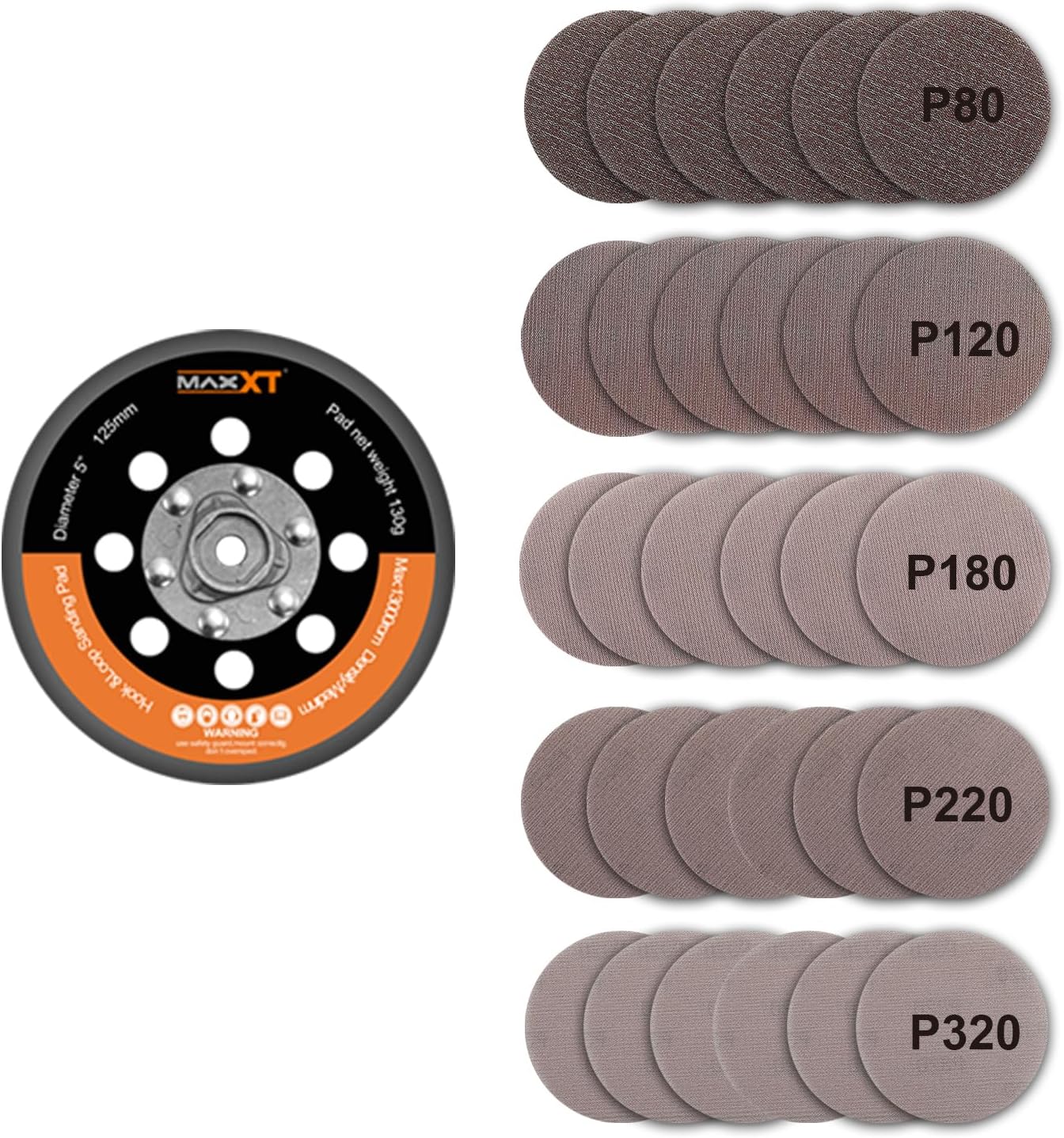 125mm Hook & Loop DA Sander Backing Plate Pad + 30 Sandpapers (5 Grits P80/P120/P180/P220/P320) - Compatible with MAXXT R7303 Brushless Orbital Sander