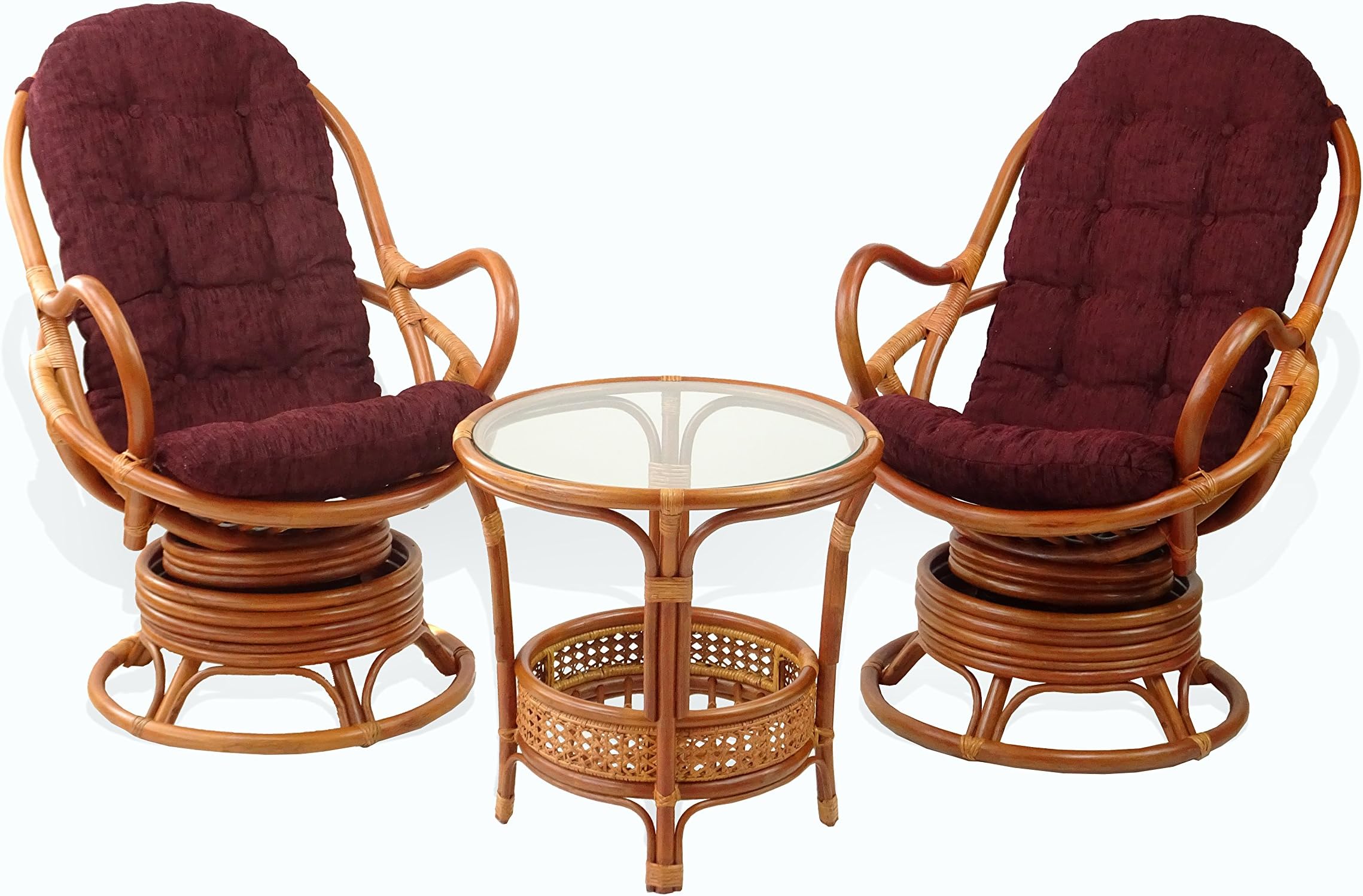 Lounge Set of 2 Swivel Rocking Java Chair Natural Rattan Wicker Handmade with Dark Brown Cushion and Round Coffee Table, Cognac