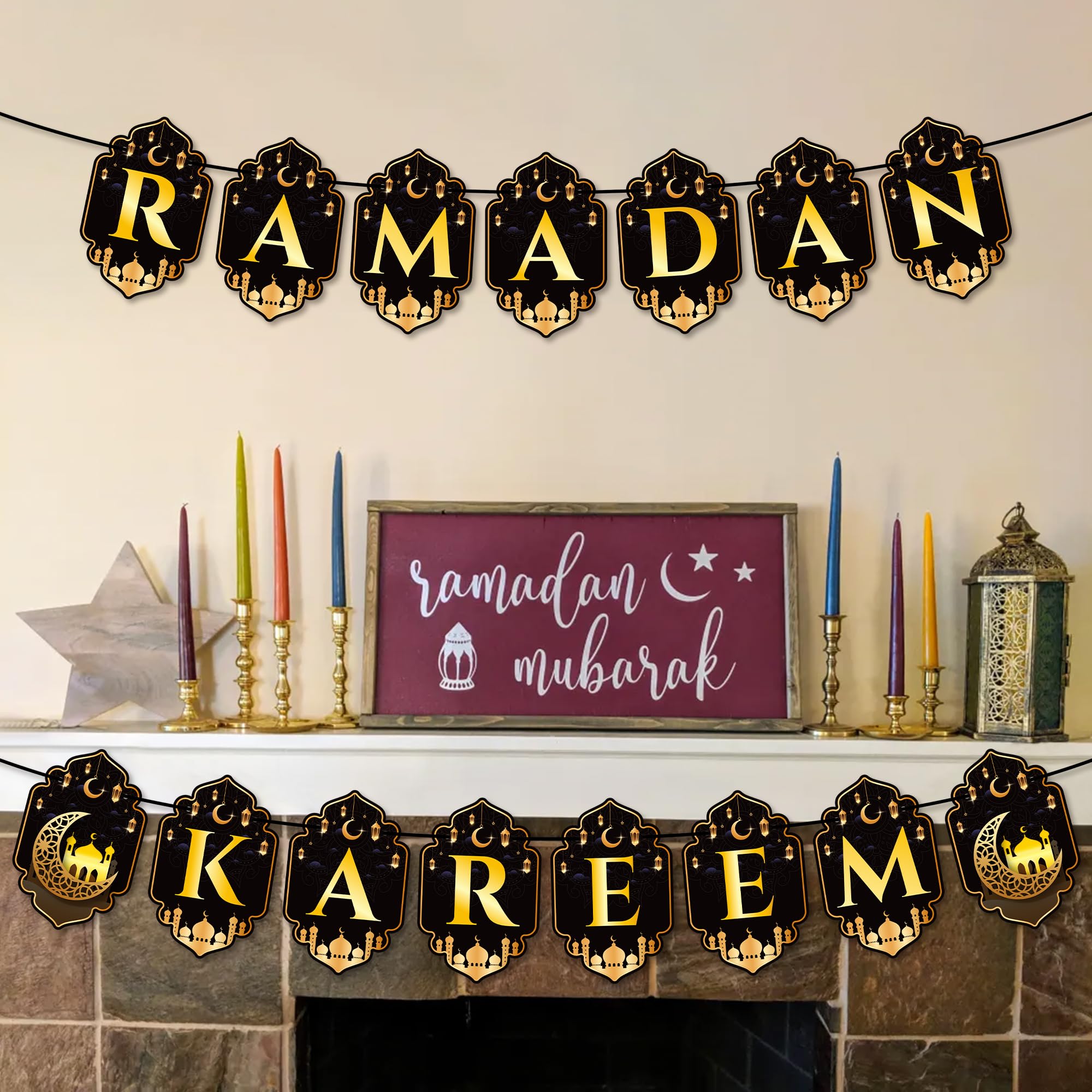 Eid Mubarak Banner & Decorations - Gold Dust Cardboard Bunting Garland For Home, 42 Inch String - View #2