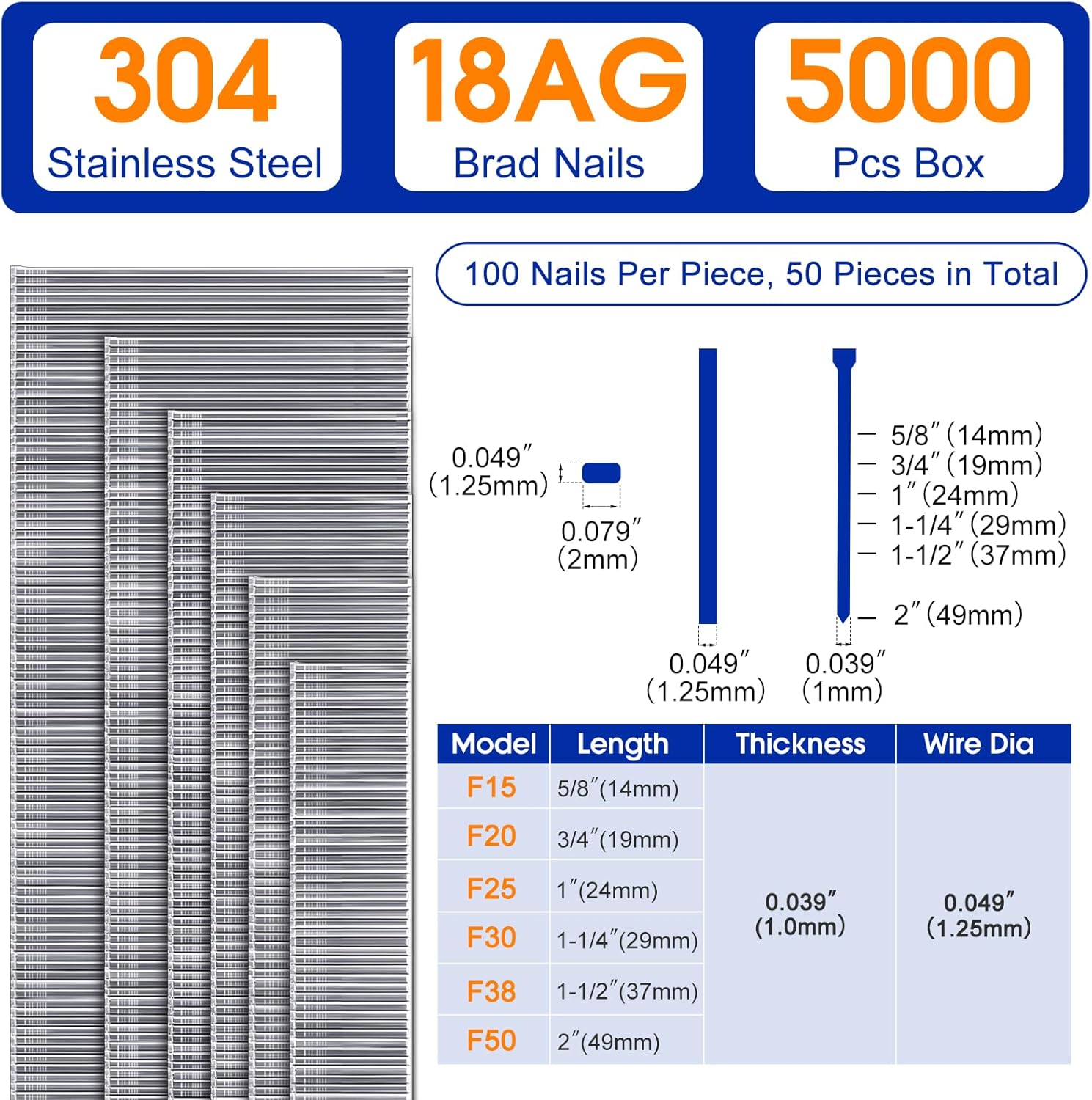 LEIFIDE 5000 Counts 18 Gauge 304 Stainless Steel Brad Nails 1-1/4 Inch 18ga, Small Finishing Nail Gun Nails for Pneumatic, Electric 18ga Brad Nailer Gun