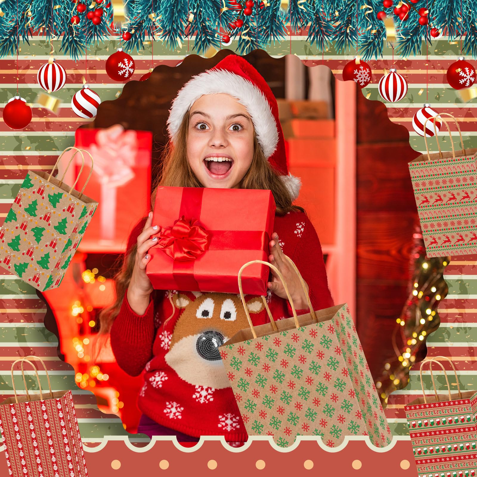 Fulmoon 120 bolsas de regalo de papel kraft de Navidad a granel con asa, bolsas de regalo de Navidad para regalos de Navidad, suministros de decoración de fiesta de Navidad