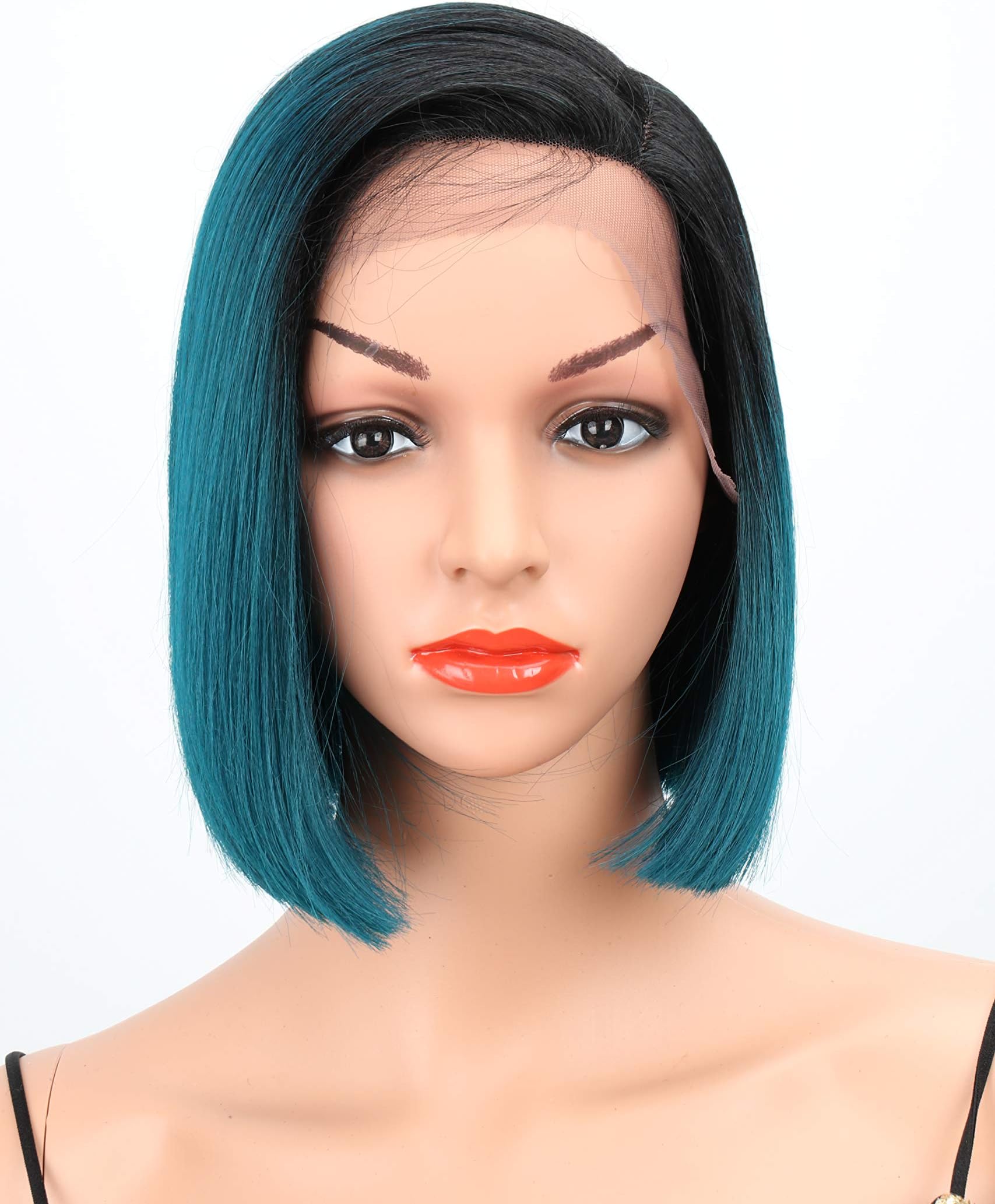 Eliza Short Bob Wigs L Part Lace Front Wigs with Baby Hair Heat Resistant Synthetic Wigs For Black Women Half Hand Tied 130% Density Ombre Blonde Wigs with Dark Roots(Ombre Blue)