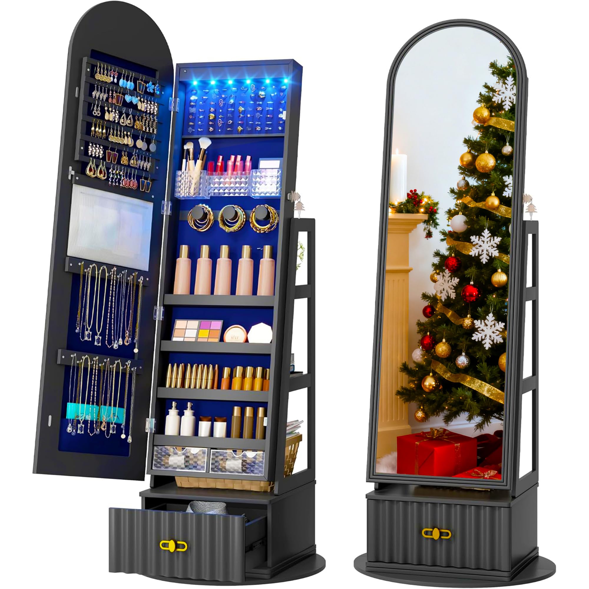 FOMNEY Full Length Mirror with Storage, 63" Mirror Jewelry Cabinet Standing, Rotating Jewelry Mirror Organizer Full Length, Lockable Jewelry Armoires with Velvet Lining for Women Gift