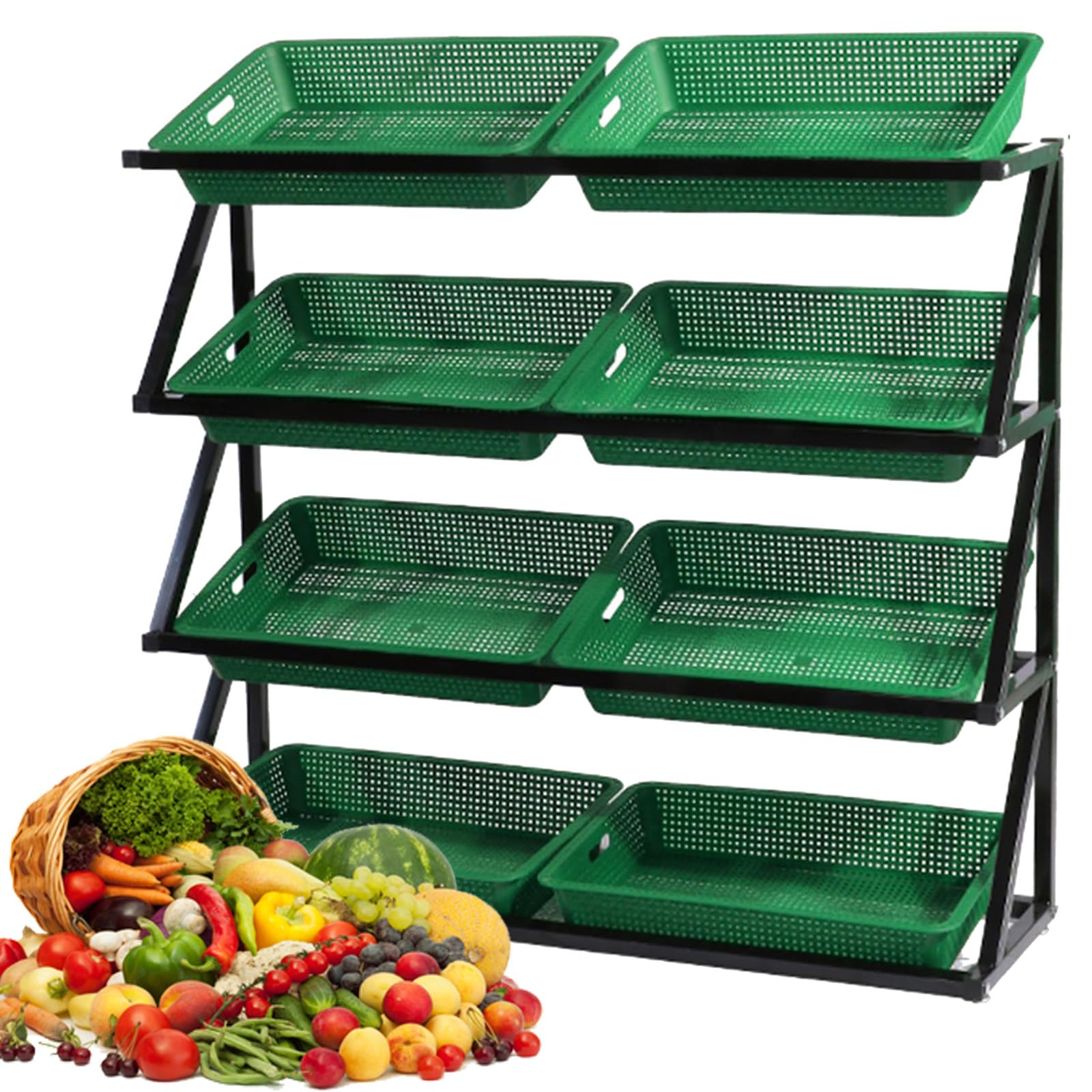 Sfslbfb Green Fruit Vegetable Storage Basket Stand,4-Tier Retail Display Rack, Market Shelf,Fruit Vegetable Snack Basket Set Shelf Fruit Vegetable Standing Rack For Kitchen,Store,Supermarket,-Double