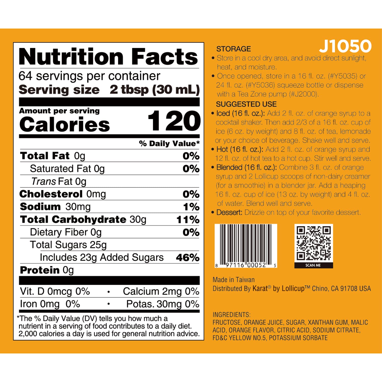 Tea Zone J1050 64 fl oz Orange Syrup for Tea Coffee Sweets Ice Cream Cocktails Blending — view 3