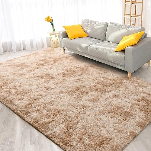 Miniatura 8 de FlyDOIT Alfombras grandes de área de 6 x 9 pies para sala de estar, alfombra peluda de teñido anudado beige, alfombras peludas de felpa ultra suave,