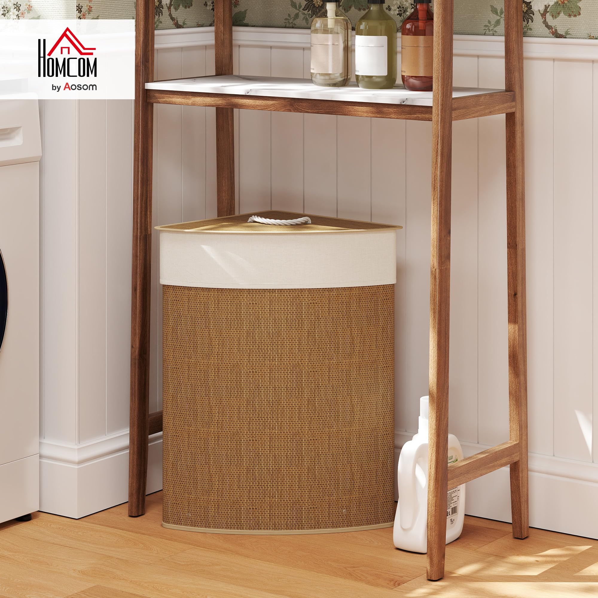 HOMCOM Cesto Portabiancheria Angolare da 55L con Sacco Estraibile e Coperchio Removibile, Cesta per la Biancheria in Bambù, 35x35x60 cm, Marrone
