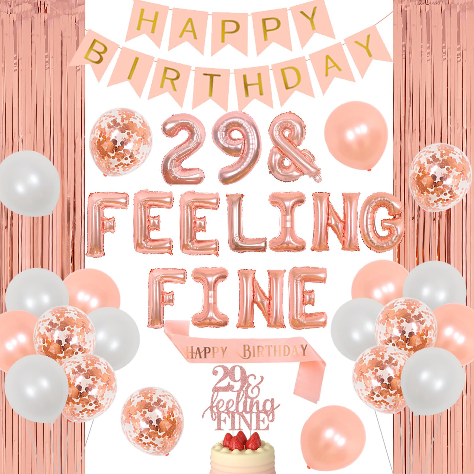 Cheereveal 29th Birthday Decorations - Rose Gold, 'Feeling Fine' Balloons & Cake Topper
