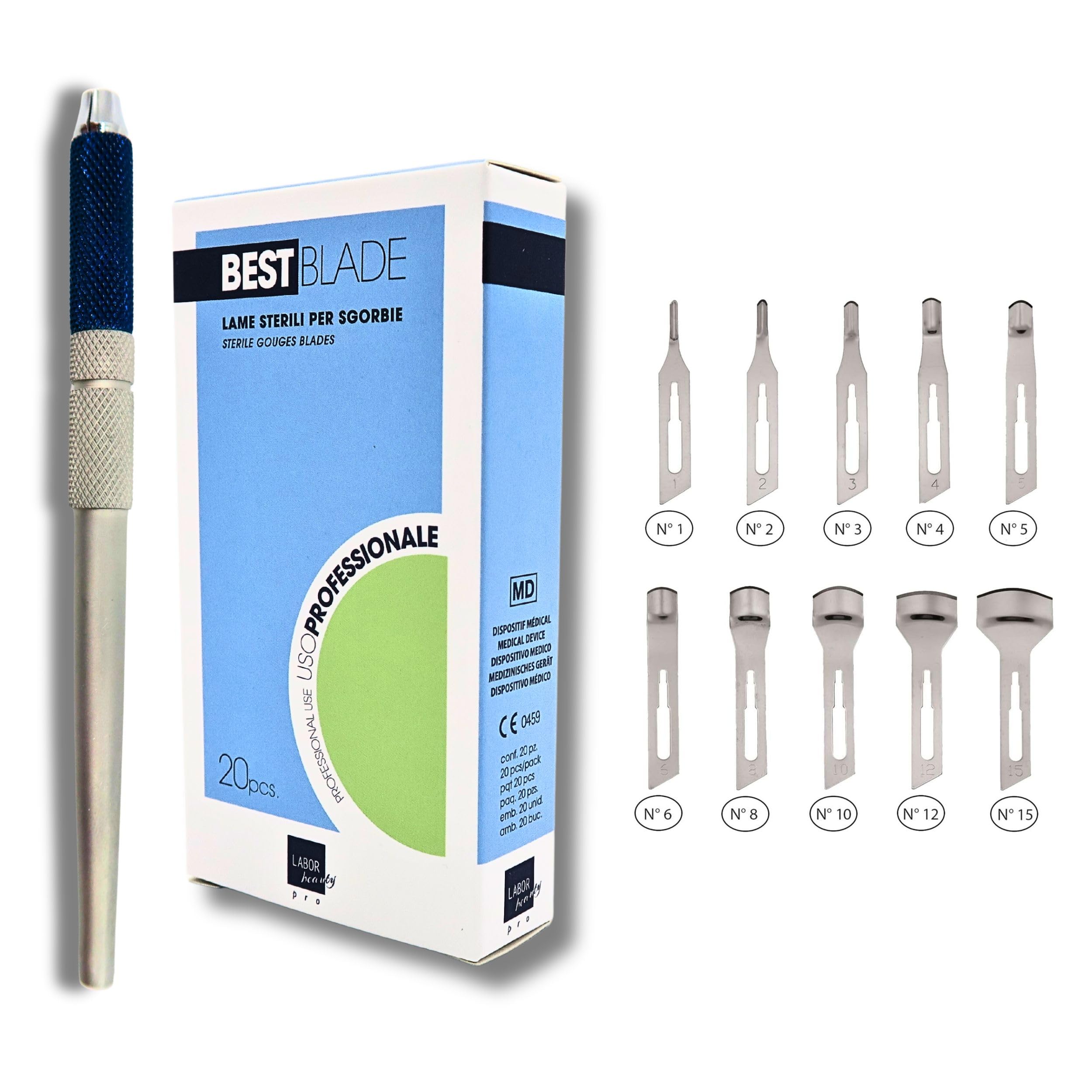 Lame Sgorbia Best Blade + Manico Porta Lama in Alluminio con chiusura a vite – Start Kit Pedicure Professionale – 20 Lame Assortite 2x(misura 1,2,3,4,5,6,8,10,12,15)