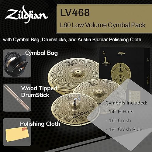 Miniatura 61 de Zildjian LV38 - Paquete de platillos de bajo volumen con bolsa de platillo, baquetas y paño de pulido de Austin Bazaar Paquete con baquetas