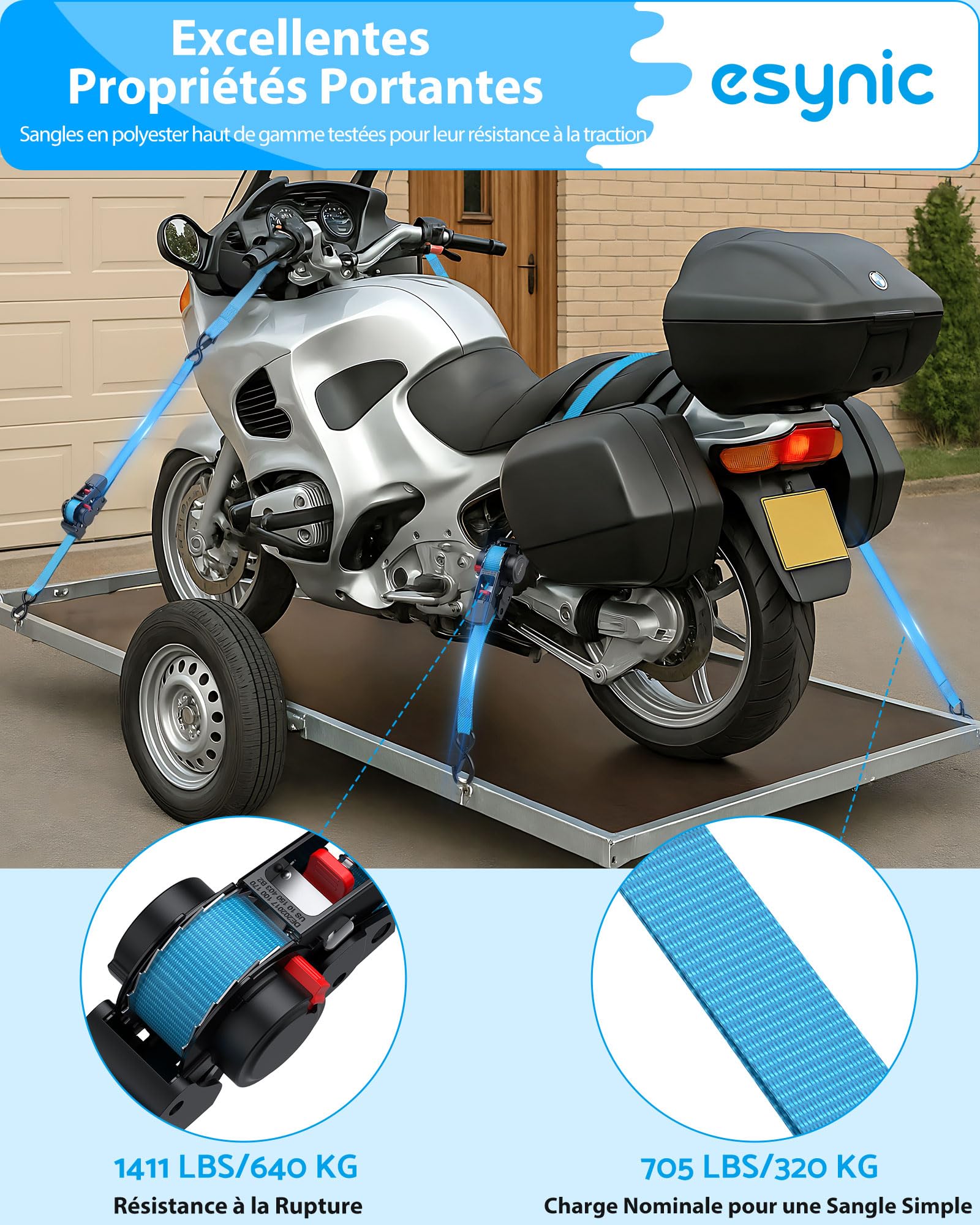 eSynic 4pcs Sangle à Cliquet avec Crochets en S 3,5m×25mm Traction 320kg | Force de Rupture 640kg, Crochets S Robustes, Rétraction Automatique, Certification GS CE UKCA, Transport Sécurisé