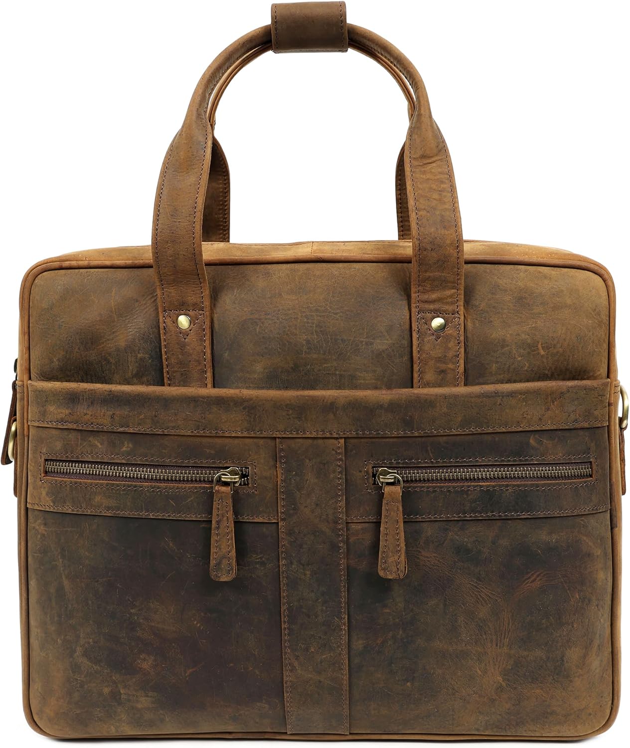 Elizo Real Leather Messenger Bag for Men & Women, Satchel Bag with Padded Shoulder Strap, Mens Briefcase for Work, School & Travel, 16" Leather Laptop Bag with Compartments, Holder & Pockets (Grizzly)