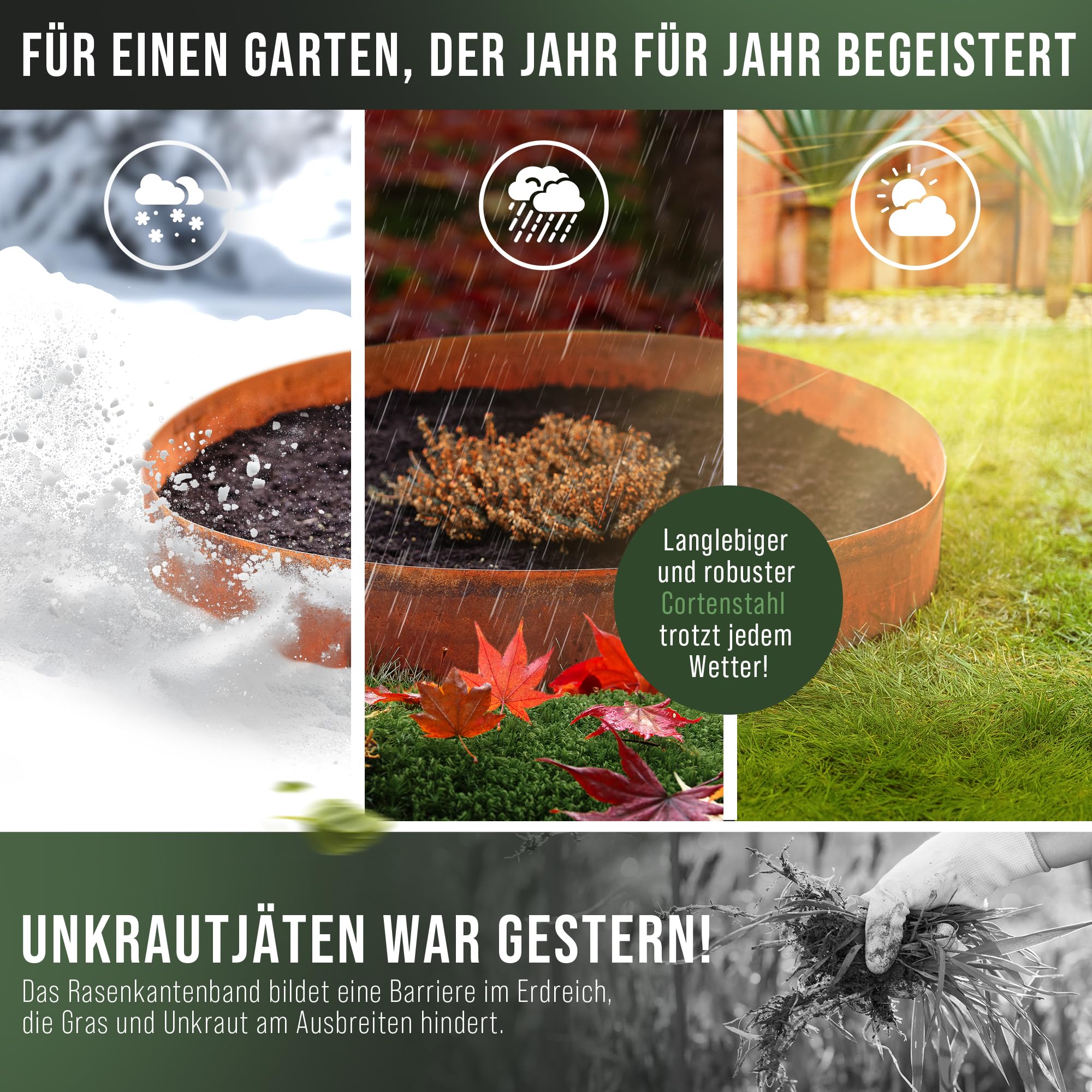 Cortenstahl Rasenkante [Schneckenabweisend] 10m x15cm, 1mm dick
