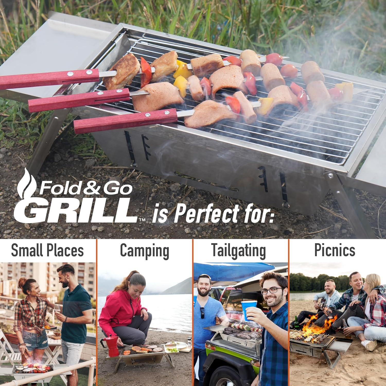 FoldNGo Portable Charcoal Grill with 6 Skewers - Stainless Steel Foldaway Grill for Camping, BBQ, Tailgating, Picnics - Instant Assembly, Includes Gloves & Carry Bag