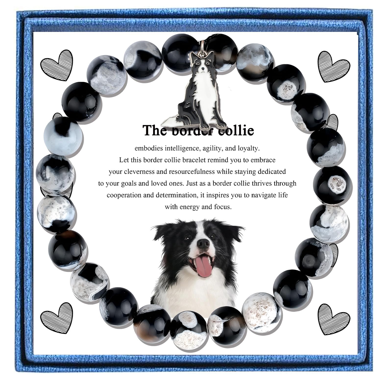 PARTNER Border Collie Inspirational Birthday Gifts for Women Unique Border Collie Gifts Natural Stone Beaded Bracelets for Women Agate Beaded Jewelry with Meaningful Message Card For Border Collie Lovers