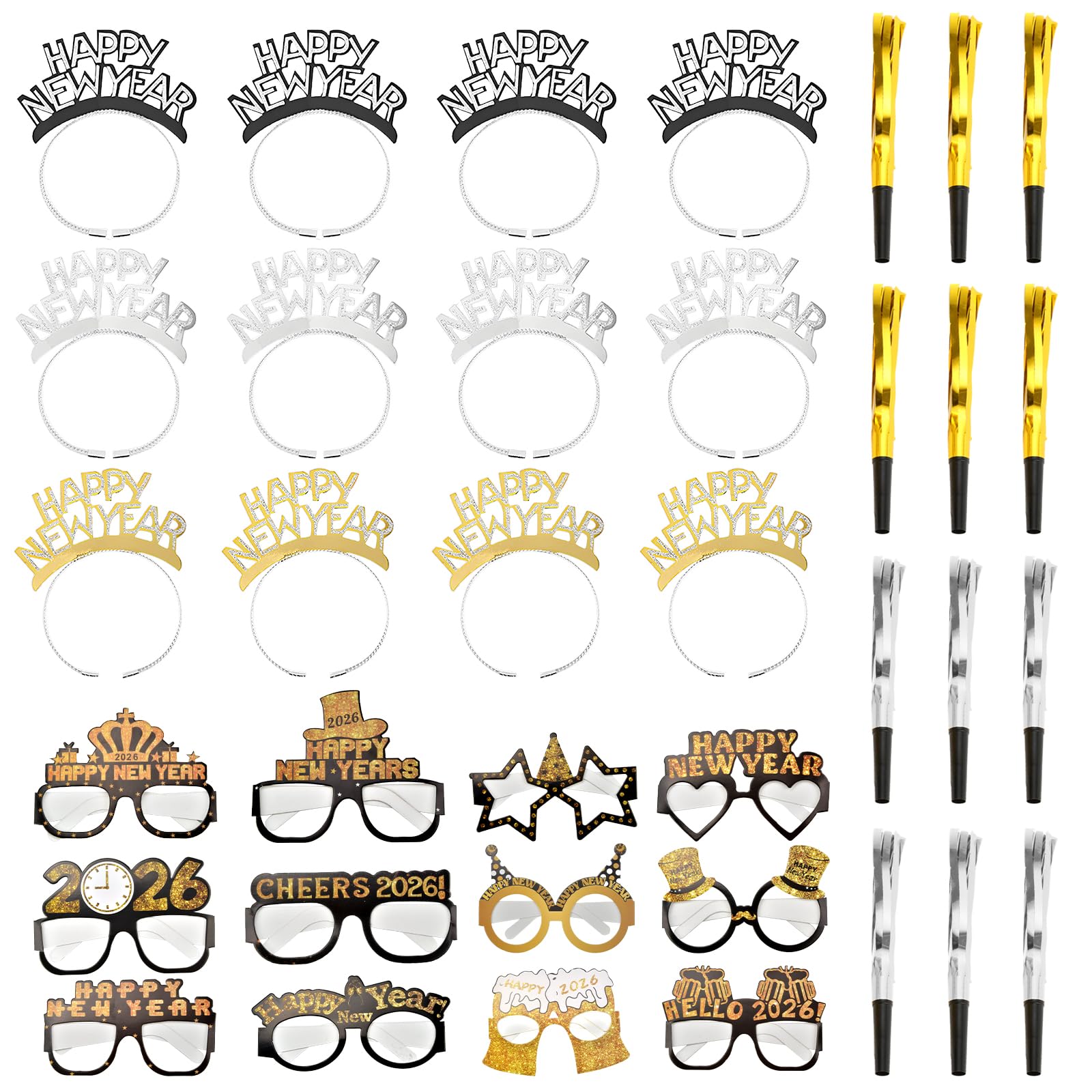Abitoncc 36Pcs 2026 New Year Eve Party Supplies,Happy Next Year Headband Tiara,News Year Eyeglasses Prop,Fringed Noise Makers for 2026 New Years Party