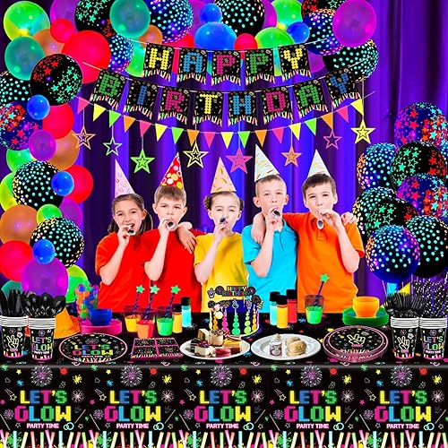Miniatura 3 de 238 piezas de suministros de fiesta de neón que brillan en la oscuridad, decoraciones de fiesta de luz negra, juego de vajilla para fiesta, platos,
