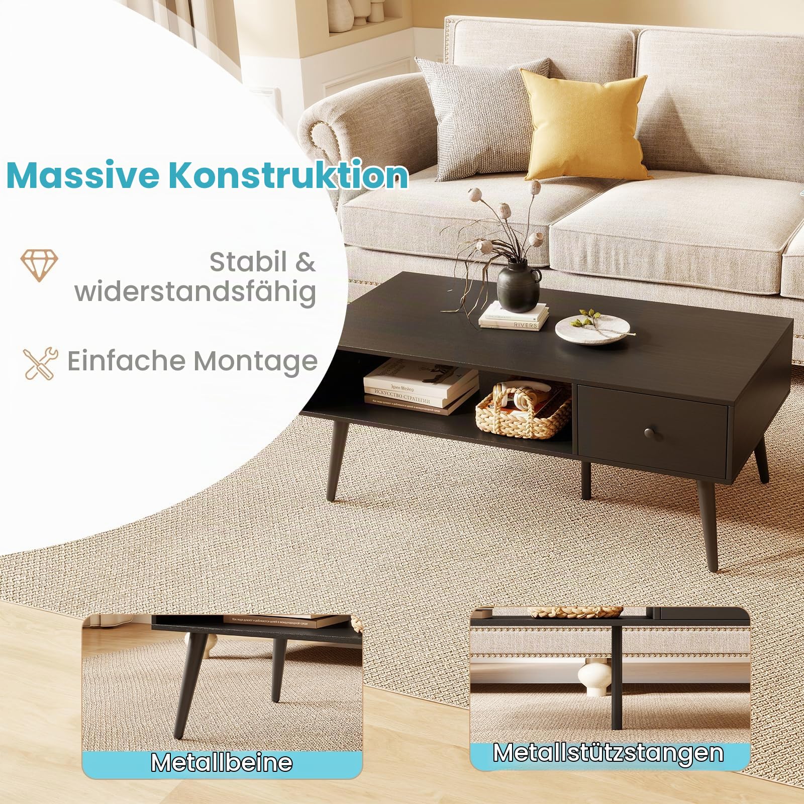 LIFEZEAL Couchtisch Rechteckig, Wohnzimmertisch aus Holz, Sofatisch Teetisch mit Stauraum, Industrielles Design, 109 x 55 x 39,5 cm (Schwarz)