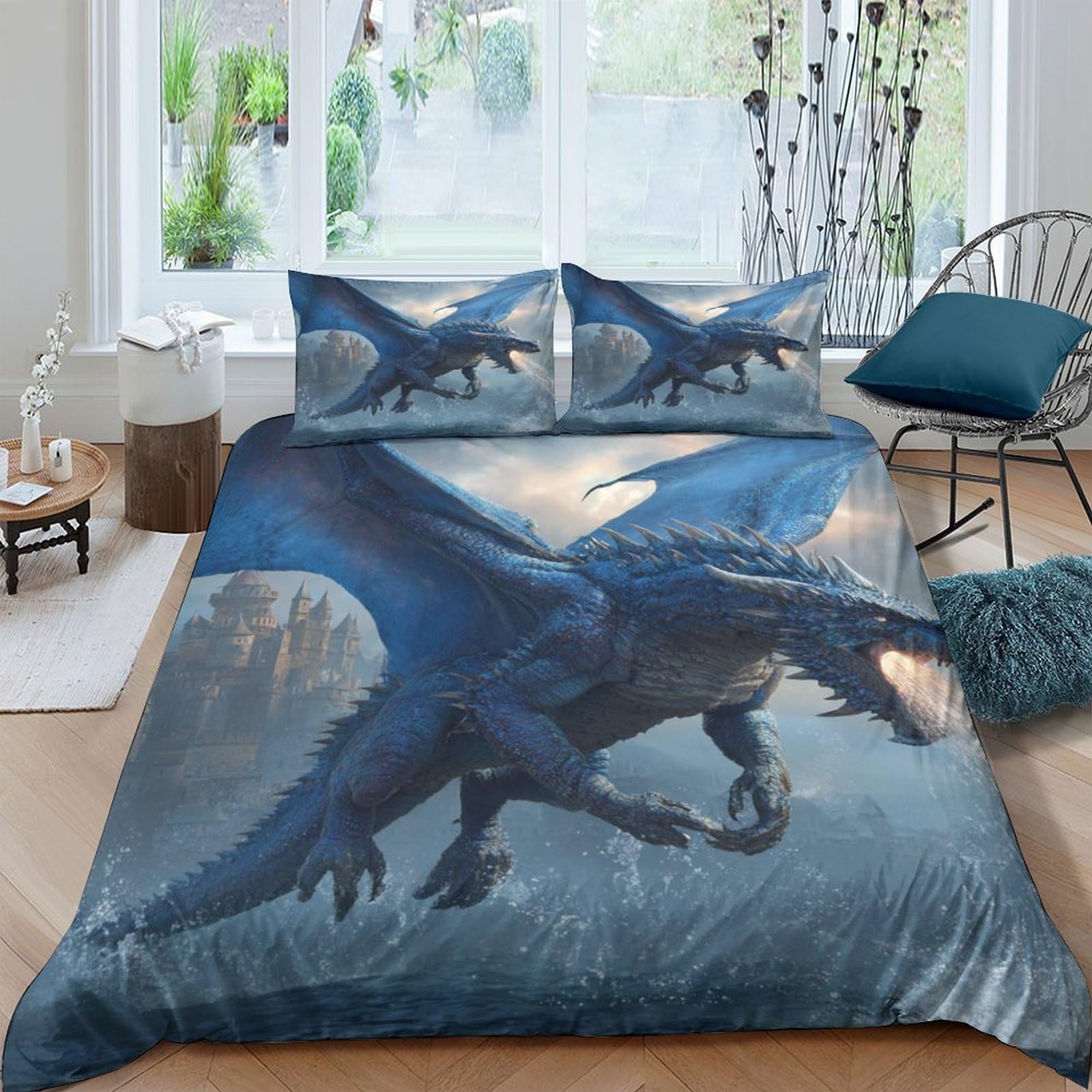 GPLZQXKJNH 3D Printed Blue Dragon Duvet Cover Microfiber Soft Breathable Moon Forest Bedding Set with 2 Pillowcases for Bedroom Decor Single（135x200cm）