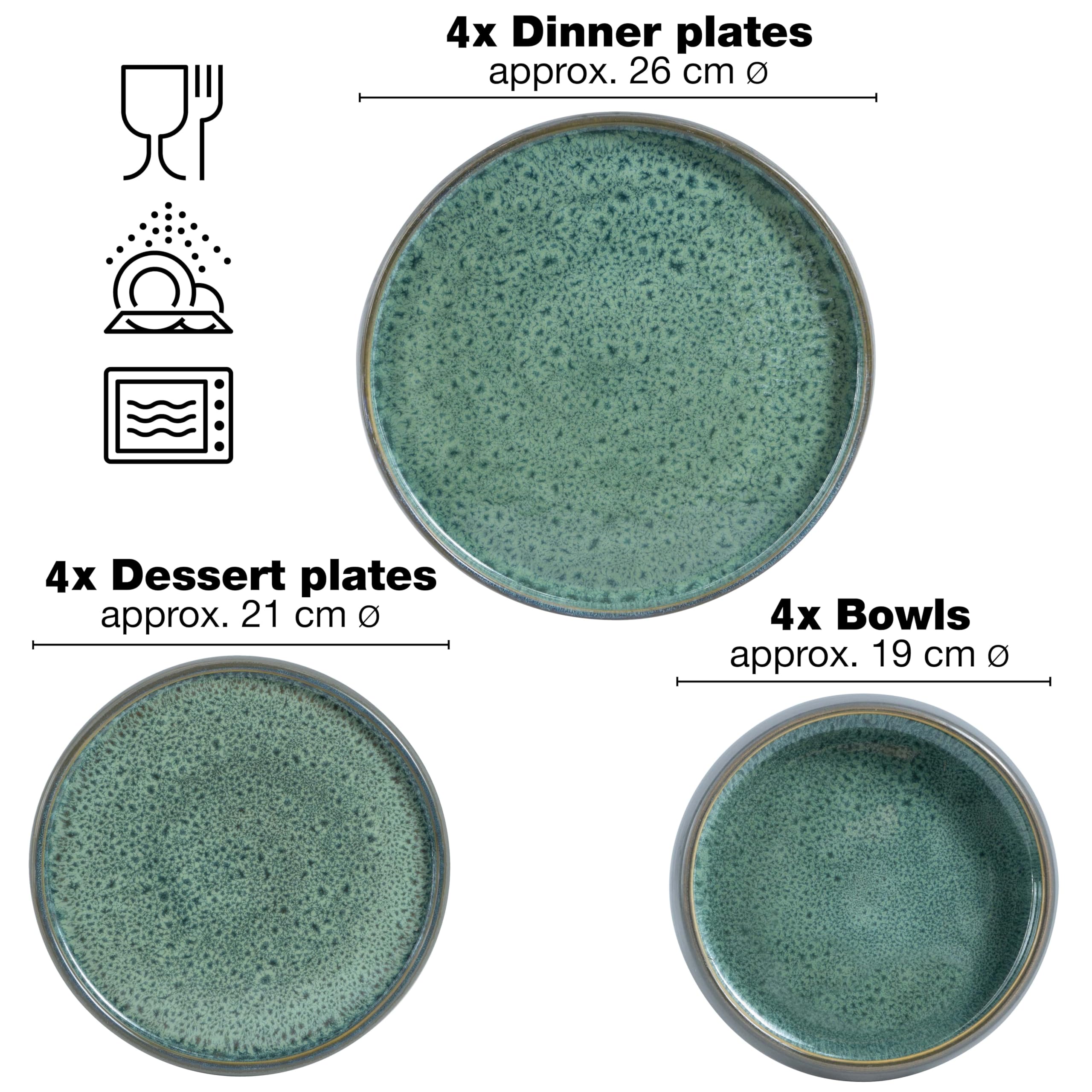 Moritz & Moritz Solid - Vajilla de gres (12 piezas, 4 personas, 4 platos pequeños, cuencos grandes), color verde