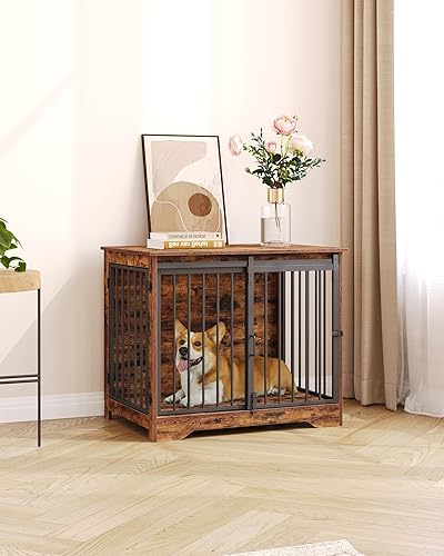 Miniatura 6 de Mueble de jaula para perros de 31.9 pulgadas con puerta de granero, perrera resistente para interiores con 2 puertas, mesa auxiliar de madera para