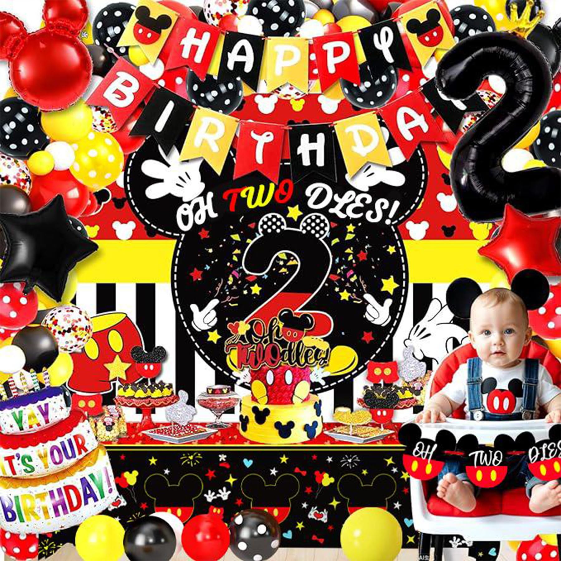 132pcs Oh Twodles Birthday Party Supplies Boy, Red Mouse 2nd Birthday Decorations Supplies, Balloons Arch Banner Backdrop Tablecover Cake Topper for Black Mouse Themed Boy 2 Years Old Birth Party