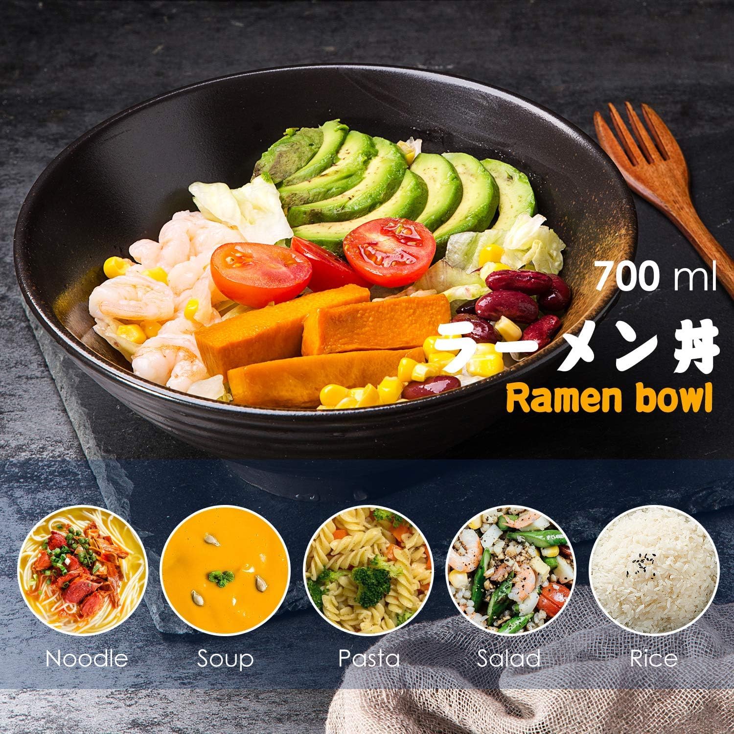 Genérico Juego de 6 tazones Grandes de Porcelana para Sopa Ramen de 2,700 ml con cucharas y Palillos, para Udon, Pasta, pho, soba, Cereales y ensaladas.