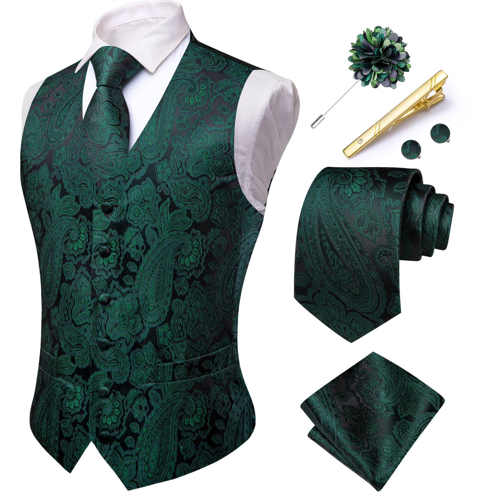 Hi-Tie Gilet da uomo con motivo cachemire formale, in seta, per matrimoni, cravatta, fazzoletto quadrato, set per feste aziendali