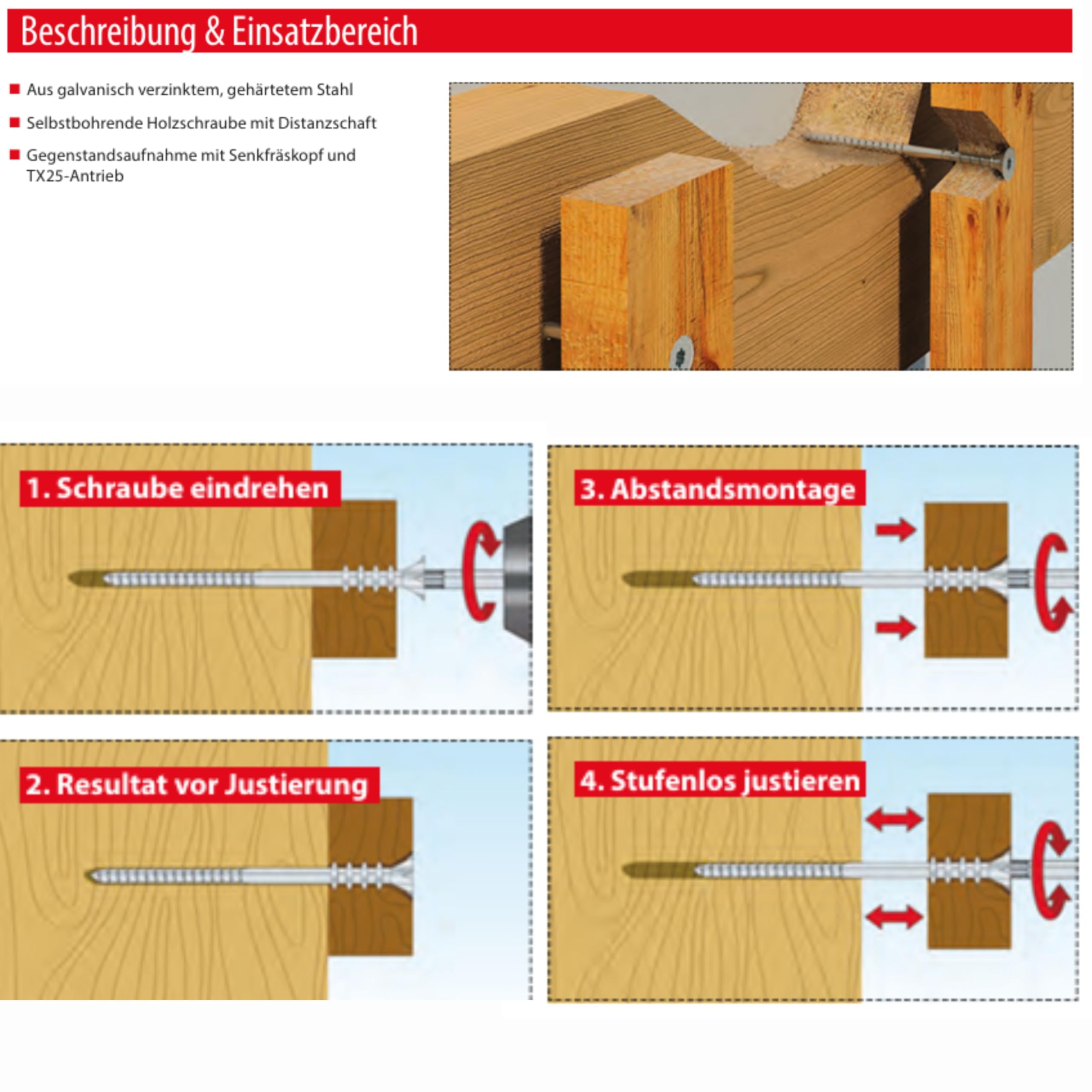 Tox Justierschrauben mit BIT zu jeder Packung - Distanzschrauben zum millimeter genauen einstellen - Abstandsschrauben - Nivellierschrauben für Holz, Packungseinheit (6x80mm)