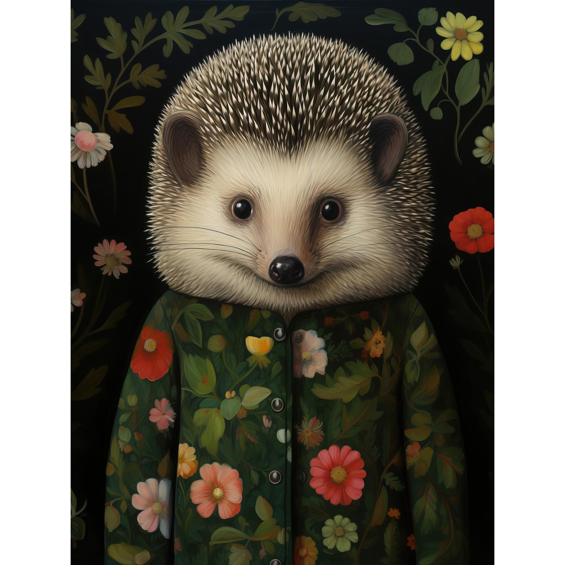Artery8 Kids Hedgehog in Hedgerow Floral Jacket Artwork Poster Black W18" x H24"