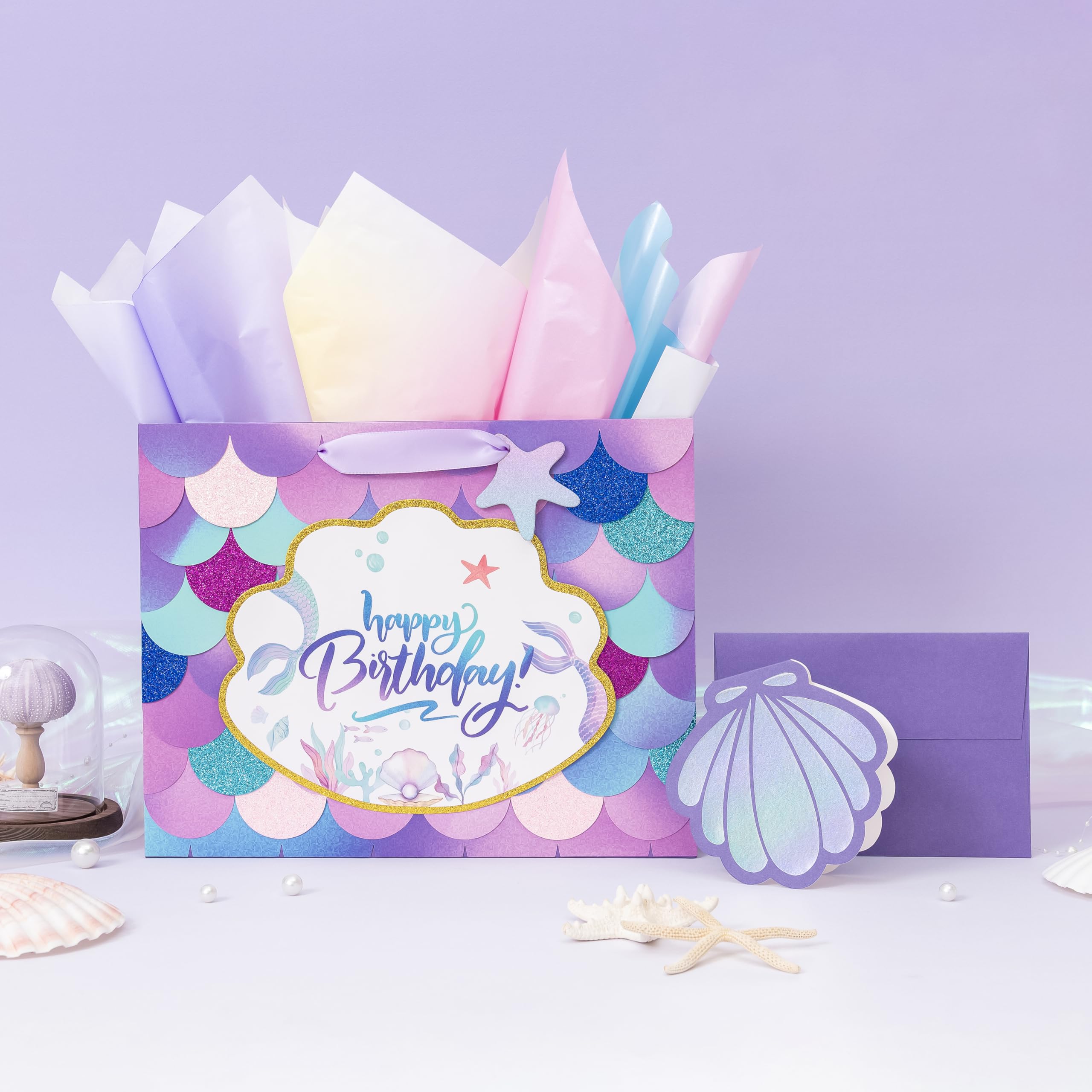 Crisky Mermaid Birthday Gift Bags for Girls with Tissue Paper and Seashell Card - 3 D Bling Design - Mermaid Gift Bag for Kids Women Birthday Decorations Purple Party Supplies Gifts Ideas