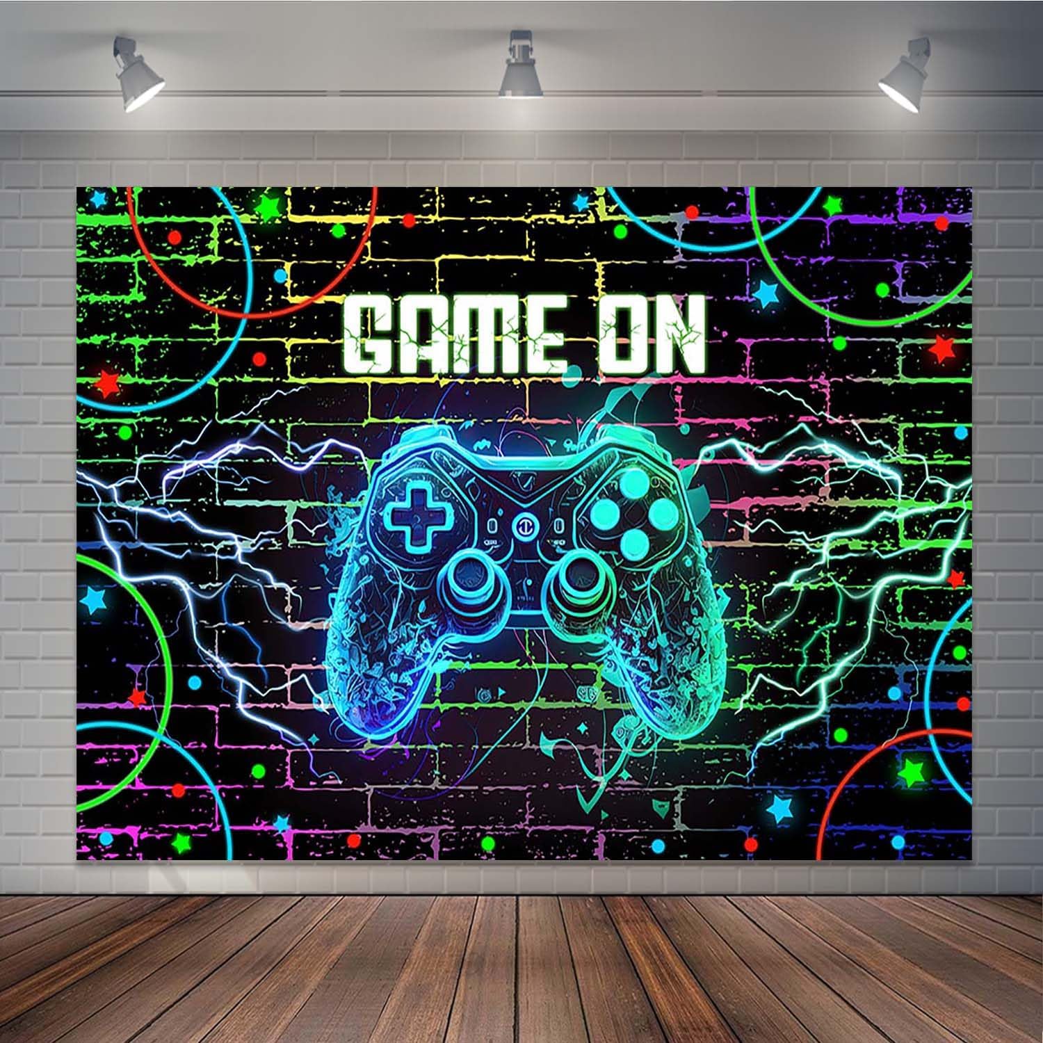 Neon Game On Backdrop Boys Video Game Happy Birthday Background Graffiti Wall Level Up Gaming Party Cake Table Decorations Banner Supplies (8x6ft)