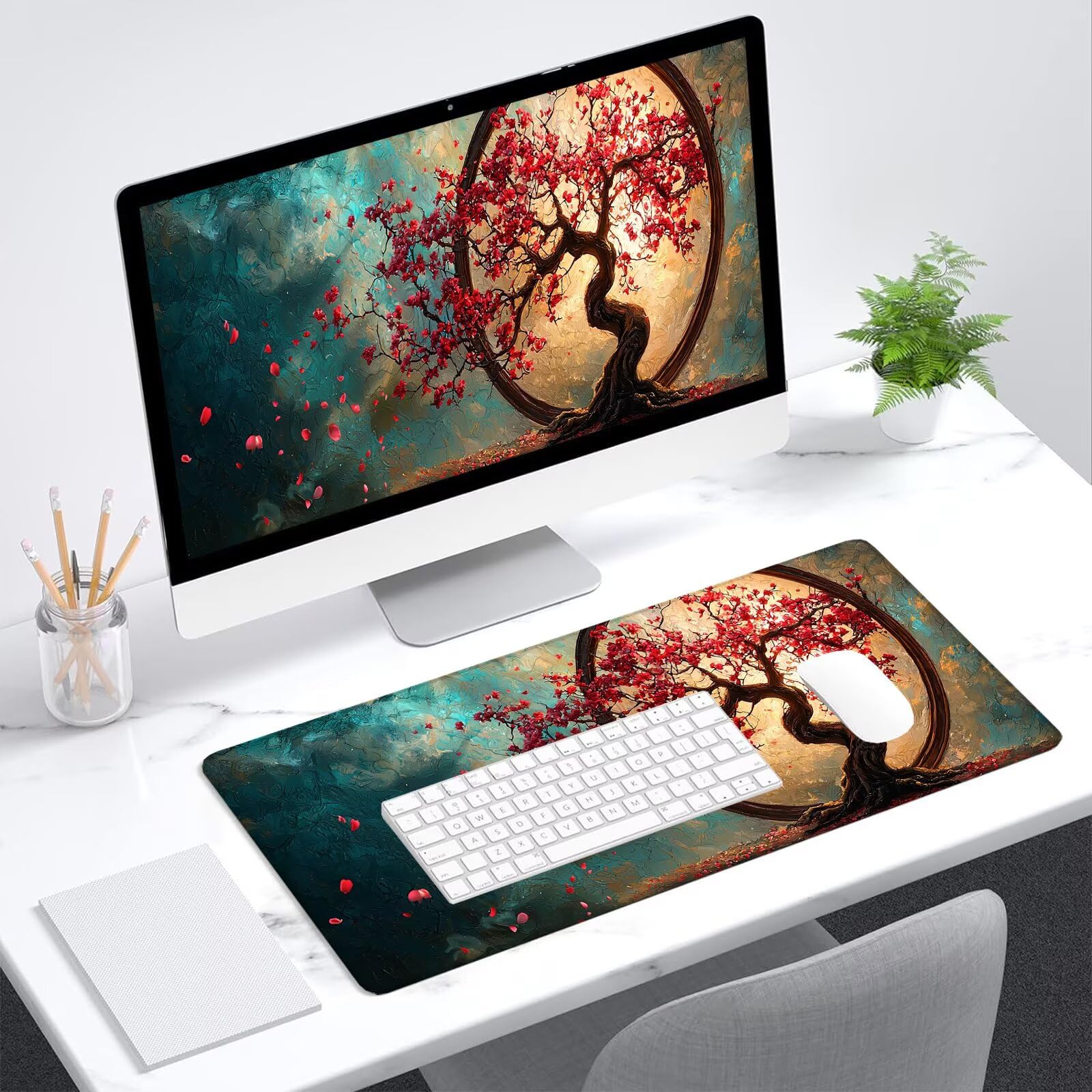 Alfombrilla Ratón XXL 1200x600 mm, Alfombrilla Escritorio Japón, Mouse Pad Floral Antideslizante e Impermeable para Protector Escritorio, Mouse Pad XXL con Bordes Cosidos para Jugadores, Oficina, A-00