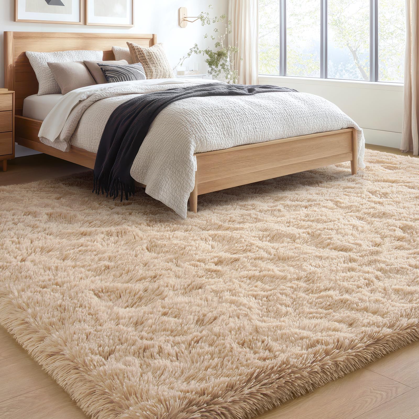 BENRON Alfombras esponjosas para sala de estar o dormitorio, 8 x 10 pies, lavables, color marrón claro