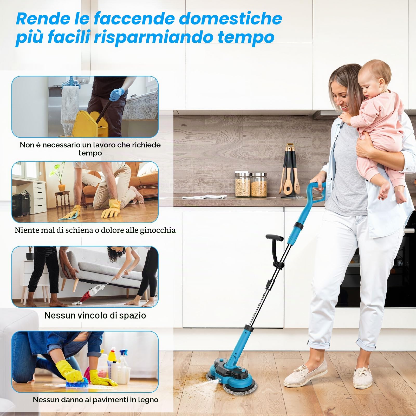 Mocio Elettrico Senza Fili con 2 batterie da 2000 mAh, Lavapavimenti Elettrico con Faro LED, 300 ML Serbatoio, lavapavimenti Mocio Lavapavimenti per Pavimenti in Legno Duro, Piastrelle e Laminato