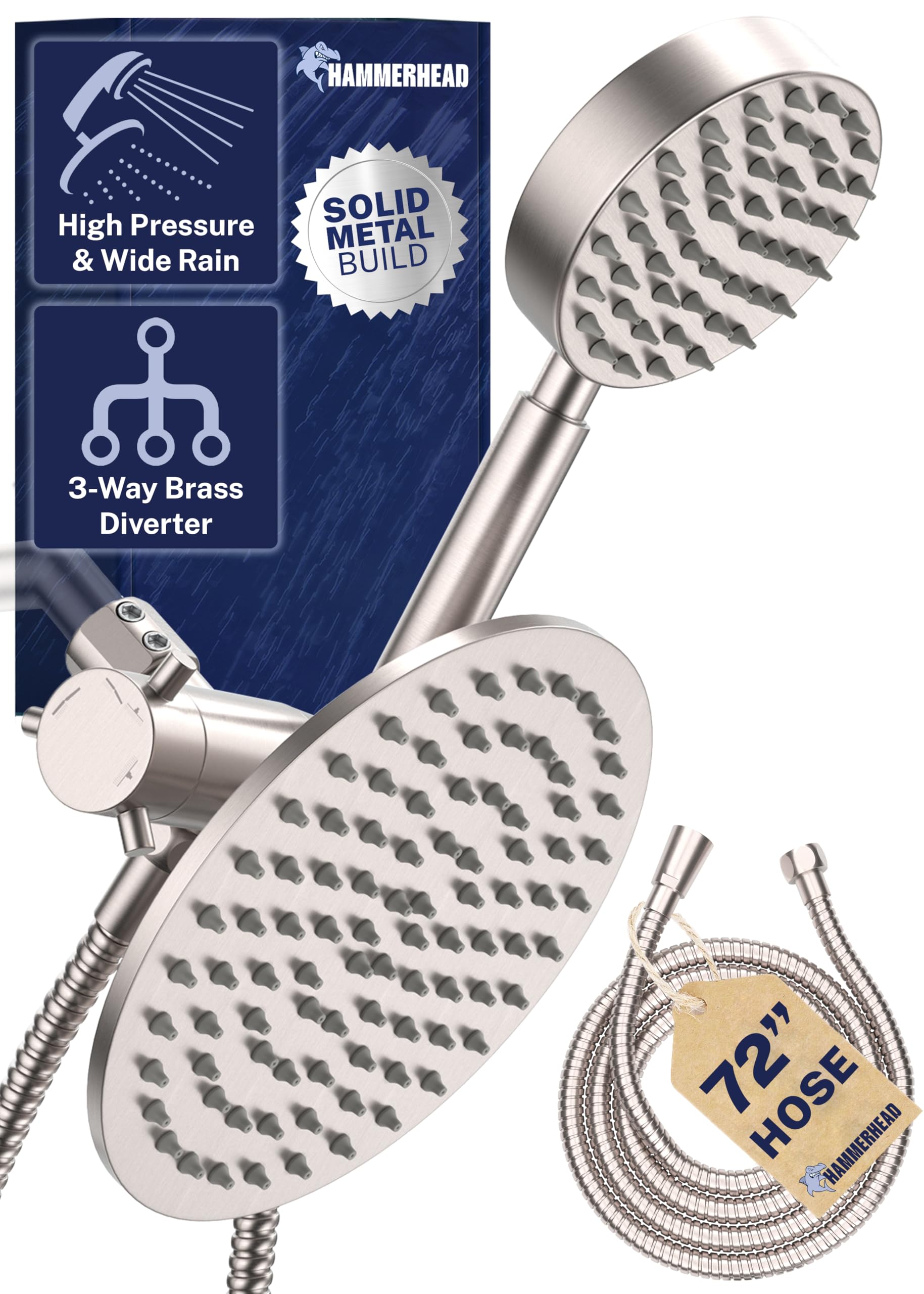 HammerHead Showers ALL METAL Dual Head Combo – BRUSHED NICKEL - 8 Inch Rainfall High Flow Head & Handheld Head High Pressure with Hose 6ft - Luxurious Double Heads with Rain Sprayer