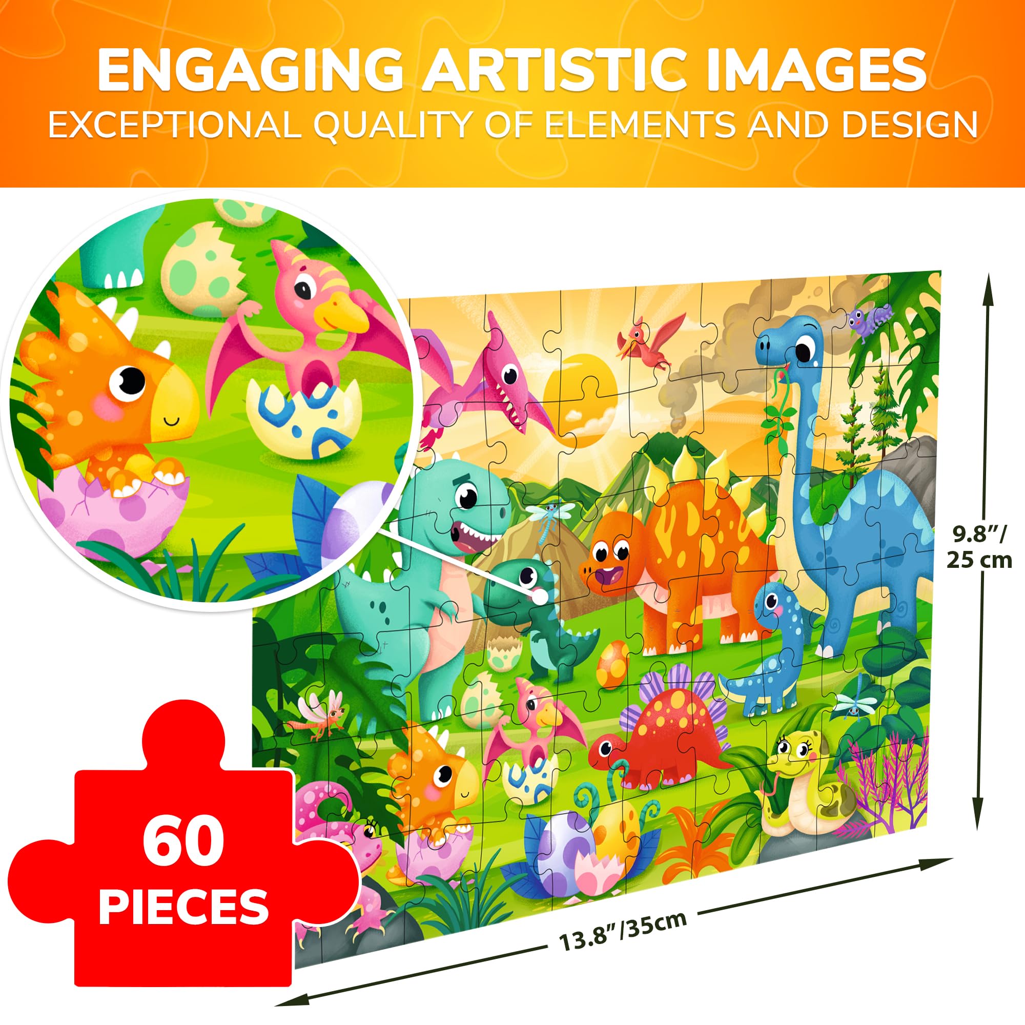 QUOKKA Jigsaw Puzzles For 3 4 Year Olds, 60 Piece Jigsaws for Children Age 5 6, Kids Puzzles With Dino Hatchlings - Image 2