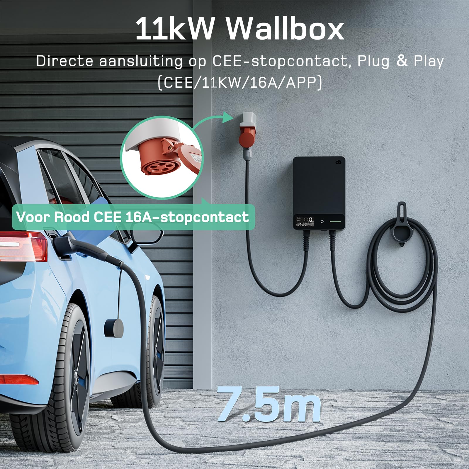 GONEO Wallbox 11kW 16A EV-Laadstation 3-fasig met 5m Type 2