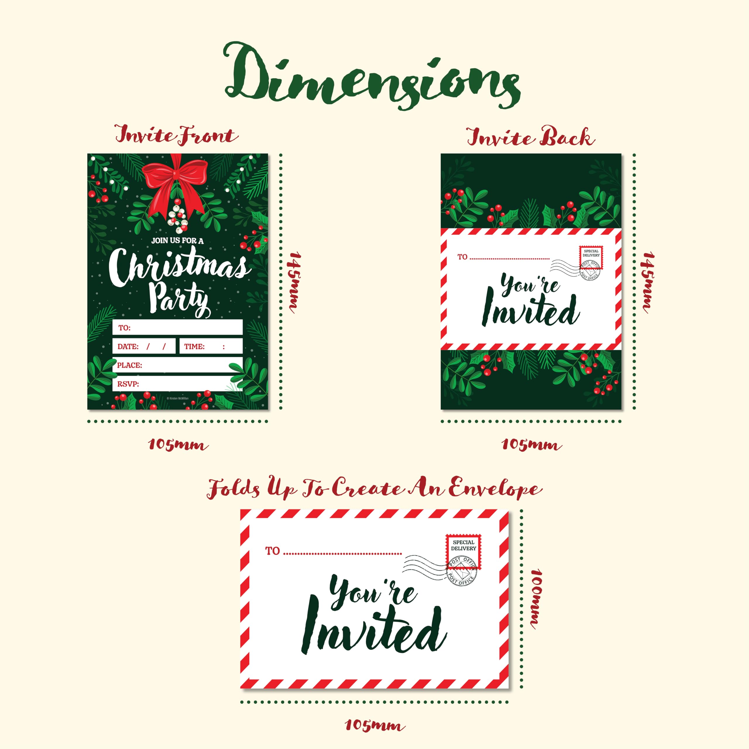 Kirsten McMillan 36 Christmas Party Invitations Pack of 36 Xmas Party Invites for Children & Adults - Designed and Printed in the UK - Image 3