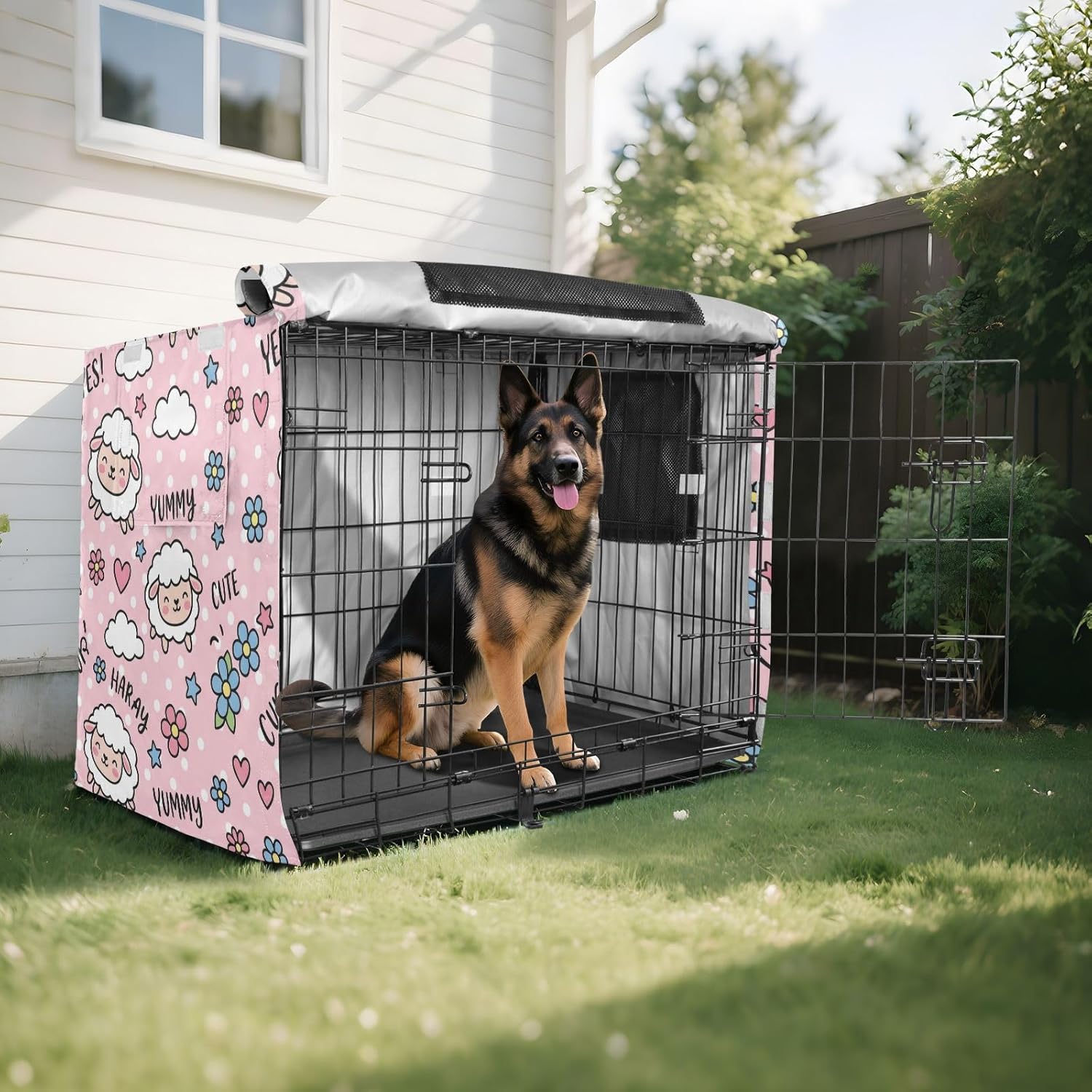 Duty 600D Silver Coated Dog Crate Cover, Water-Resistant Sheep Print Pet Kennel Canopy with Mesh Windows for Optimal Ventilation, Universal Fit for Standard Wire Cage, Indoor & Travel